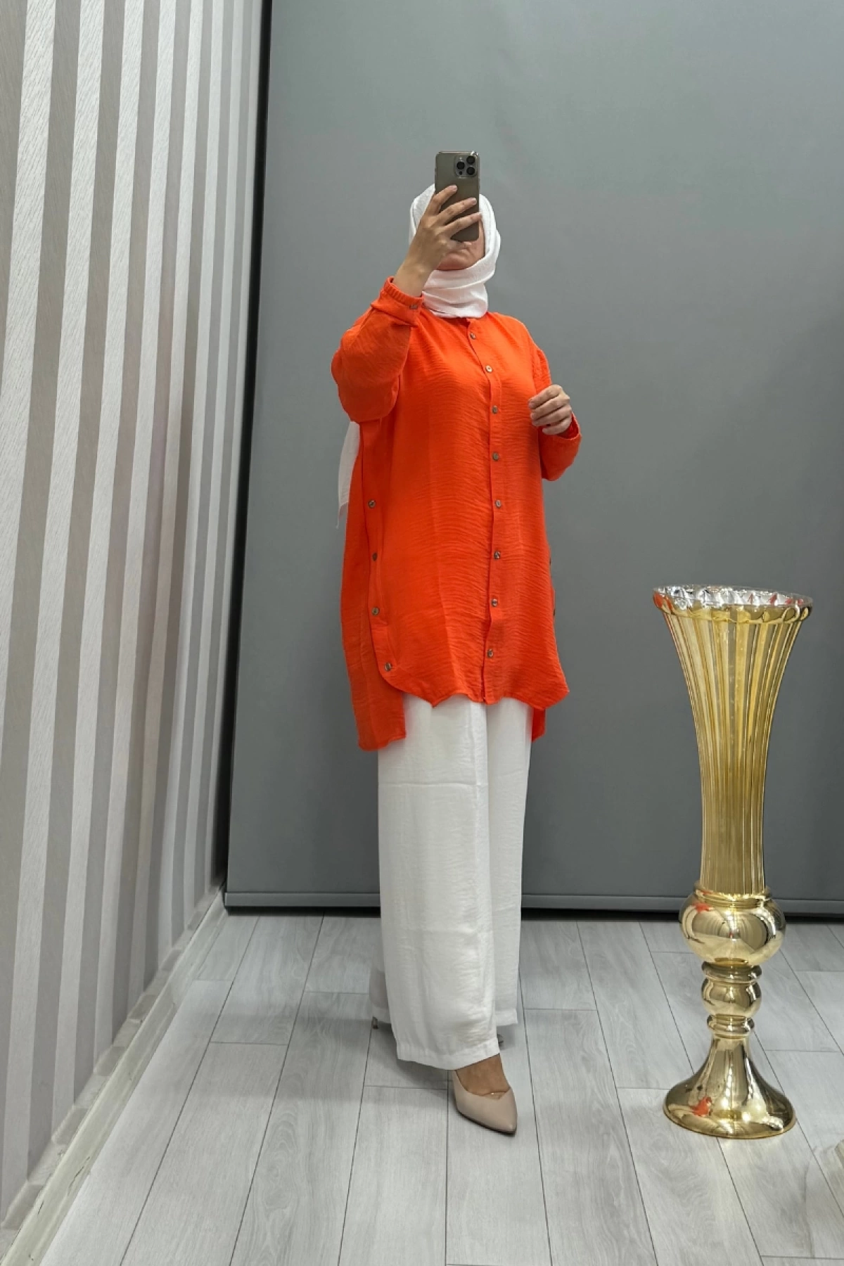 İnvee Düğme Detaylı Caz Tunik Turuncu 6941