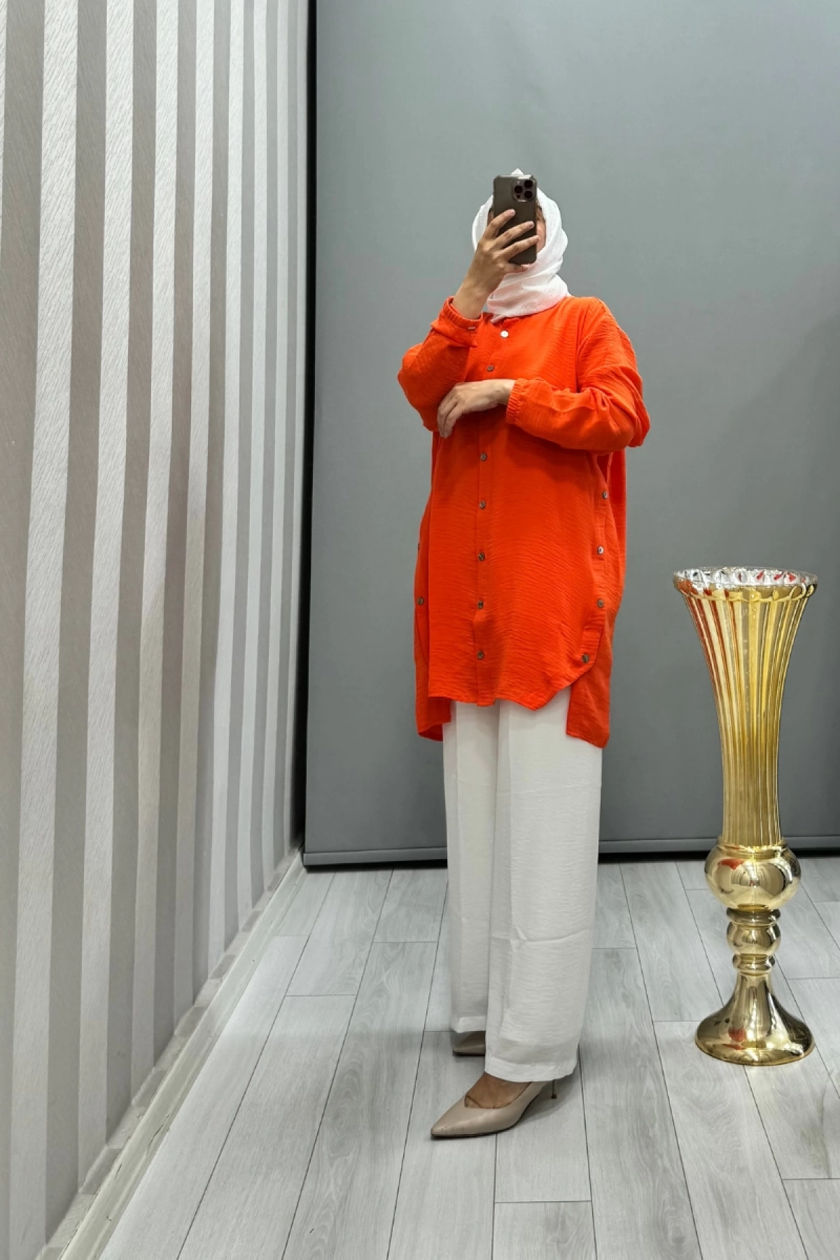 İnvee Düğme Detaylı Caz Tunik Turuncu 6941
