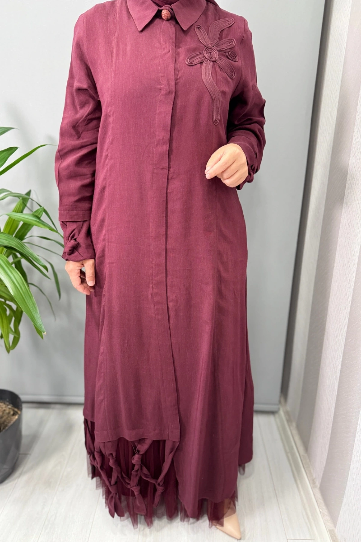 LissMore İşleme Detaylı Elbise Bordo-5536