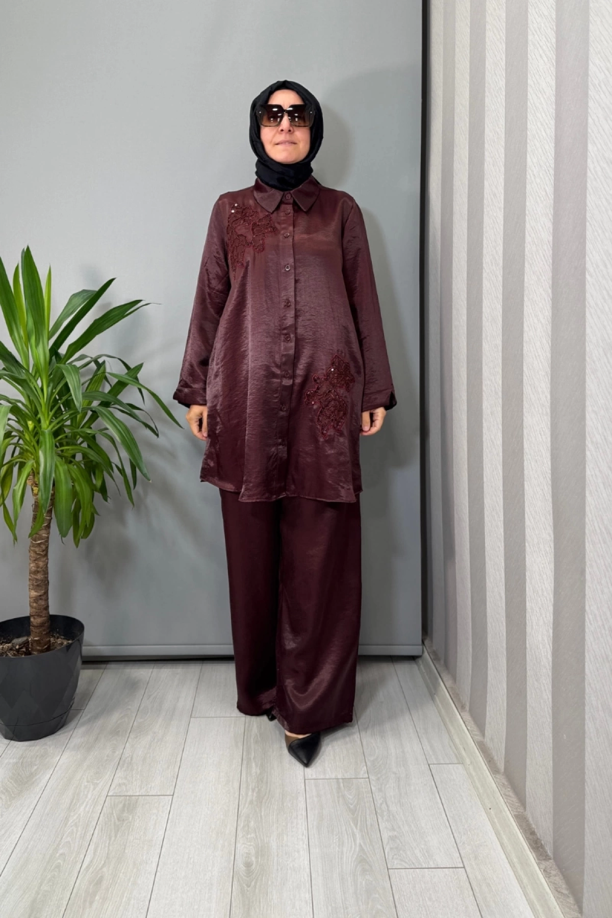 Lissmore Yandan Düğmeli İşlemeli Takım Bordo 5969