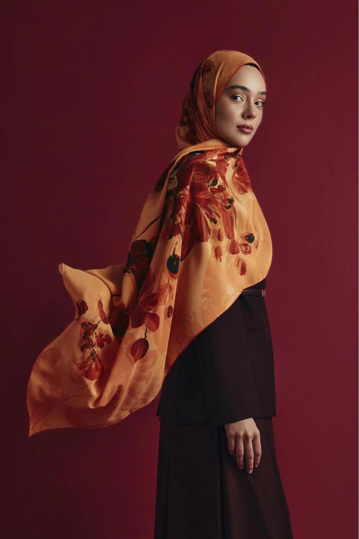 Maisa KEHRİBAR KREP İPEK ŞAL 70*190 CM - TURUNCU