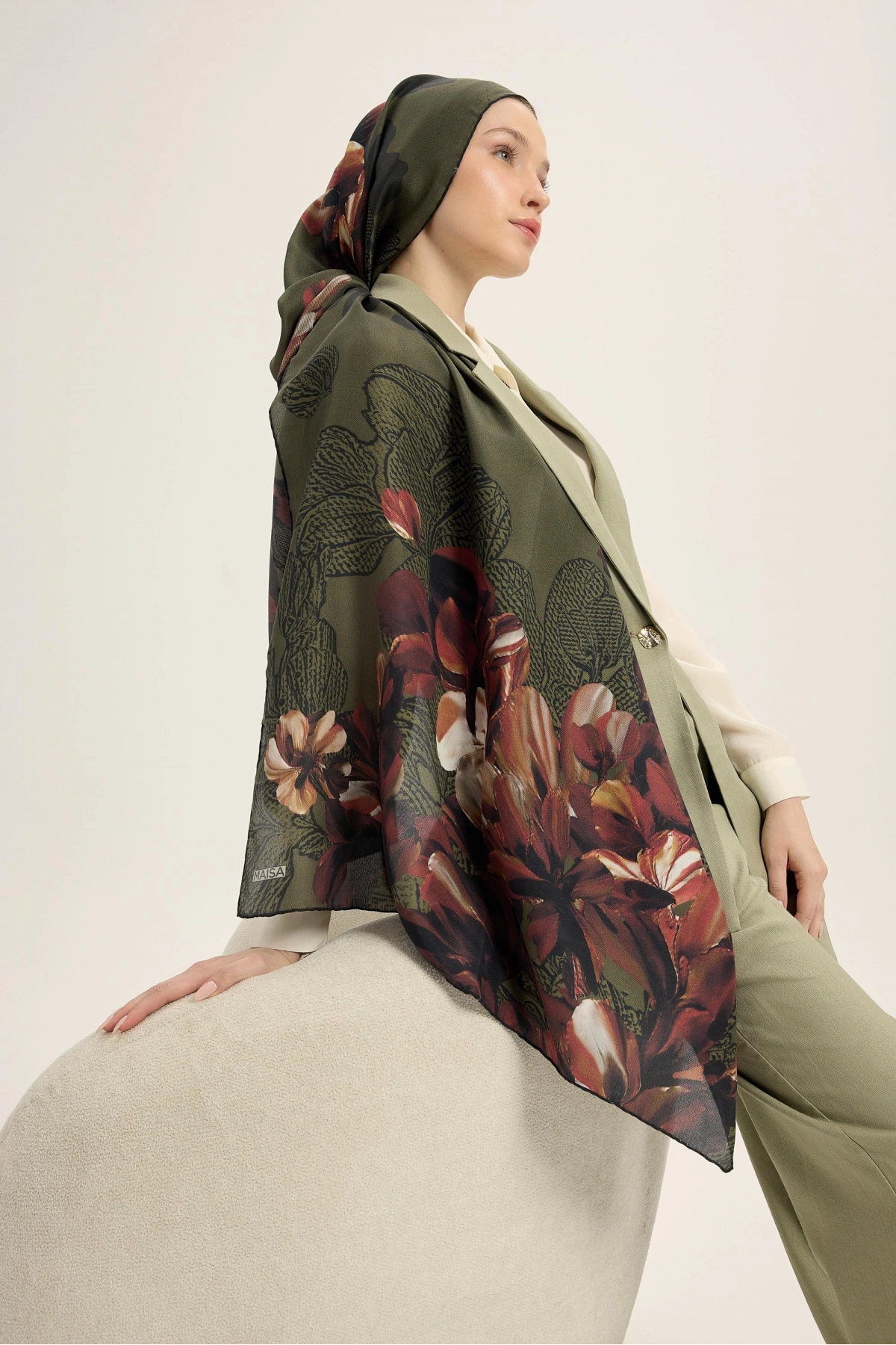 Maisa LAL PAMUK İPEK ŞAL 70*190 CM - HAKİ