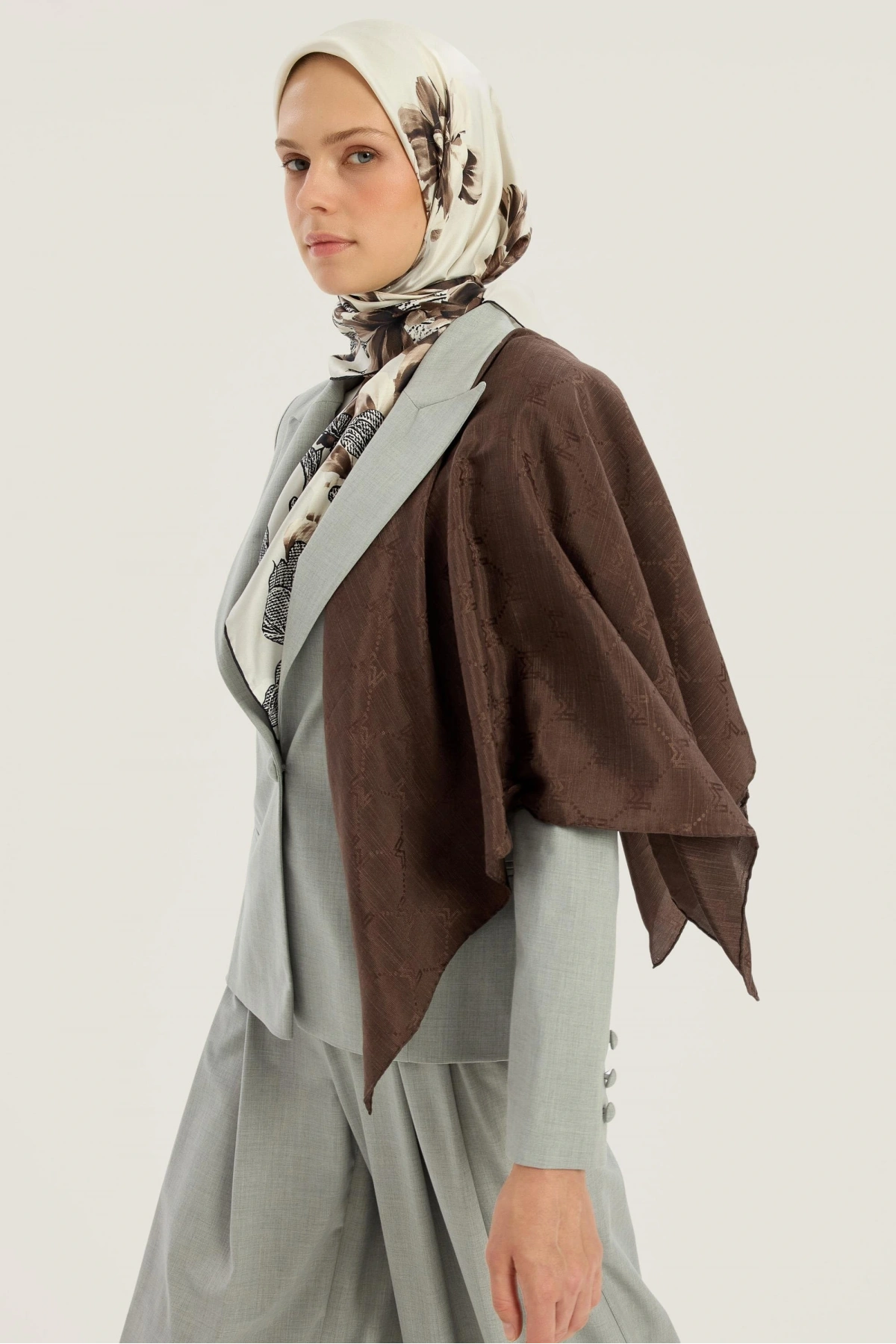 Maisa NEDA PAMUK İPEK EŞARP 90*90 CM - KAHVERENGİ