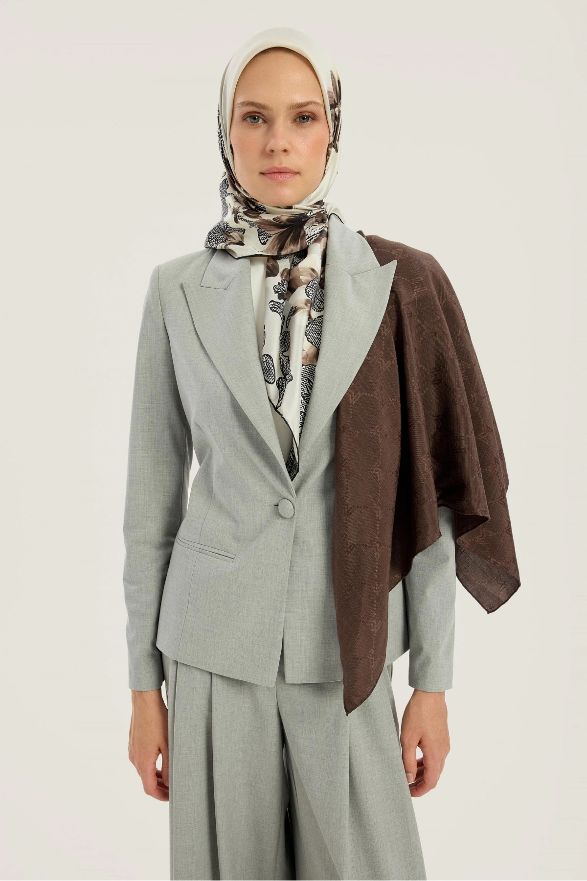 Maisa NEDA PAMUK İPEK EŞARP 90*90 CM - KAHVERENGİ