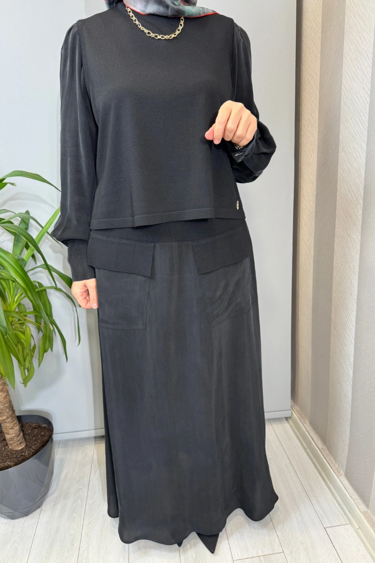 Miss Dalida Balon Cupro Kollu Triko Tunik Siyah T26Y-6034 (T26Y-2018)