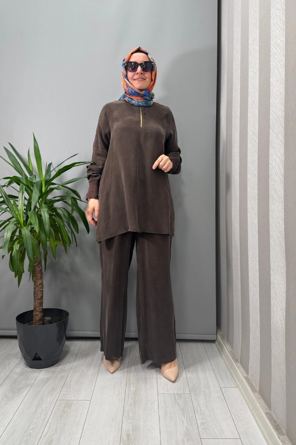 Miss Dalida Beli Lastikli Bol Paça Cupro Pantolon Kahve T25Y-7007
