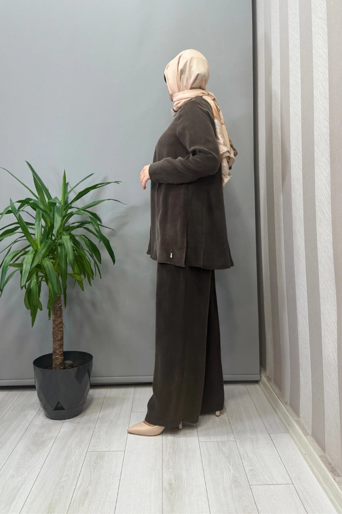 Miss Dalida Beli Lastikli Bol Paça Cupro Pantolon Kahve T25Y-7007
