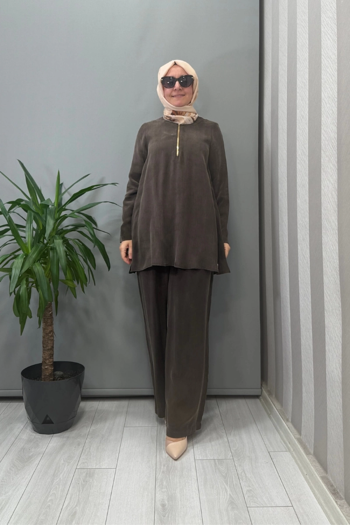 Miss Dalida Beli Lastikli Bol Paça Cupro Pantolon Kahve T25Y-7007