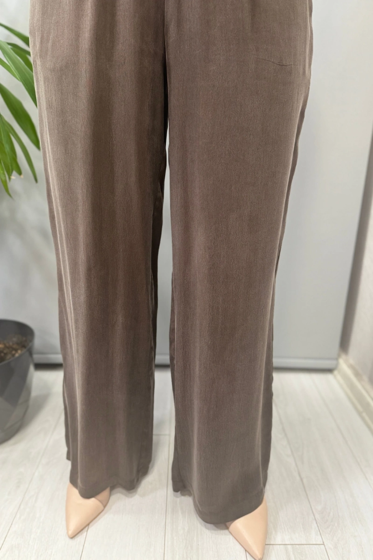 Miss Dalida Beli Lastikli Bol Paça Cupro Pantolon Kahve T25Y-7007