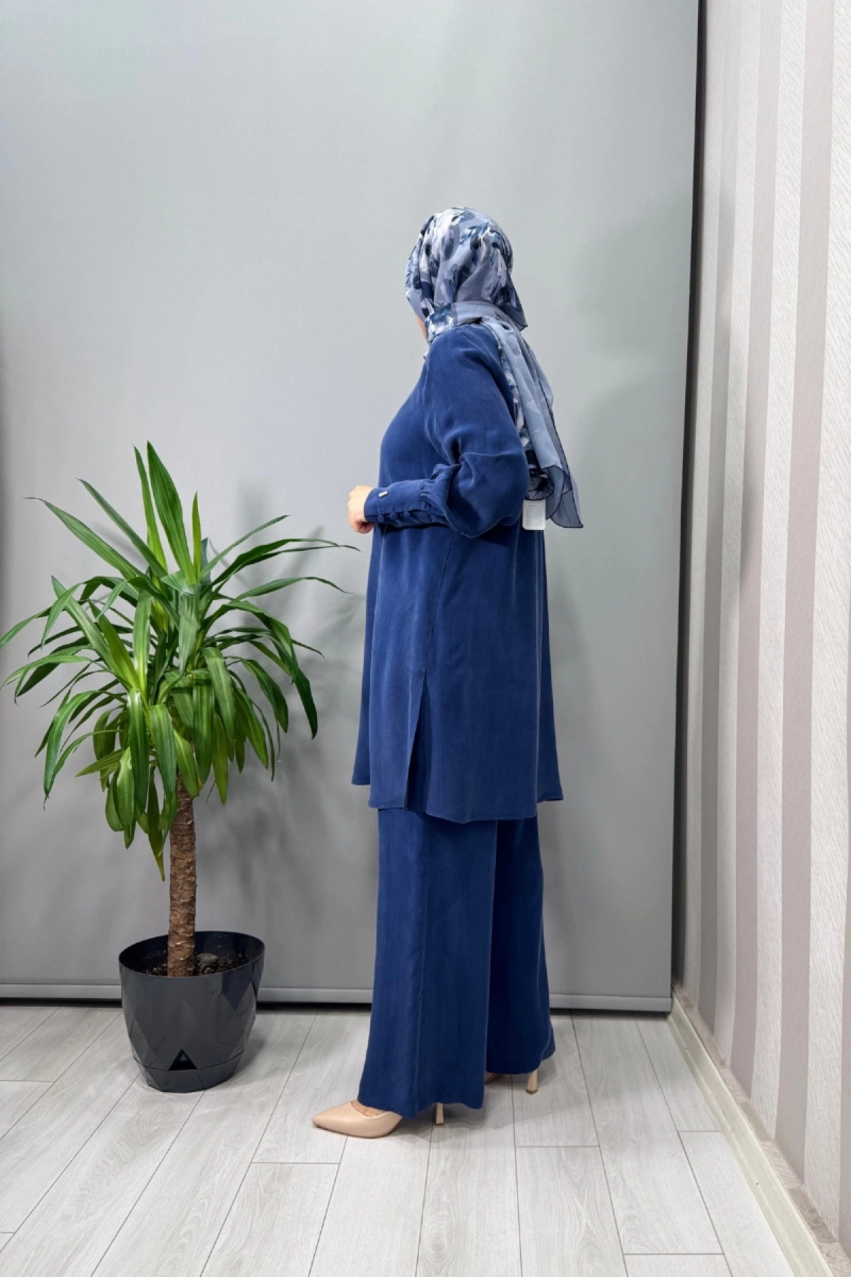 Miss Dalida Beli Lastikli Bol Paça Cupro Pantolon Mavi T25Y-7007