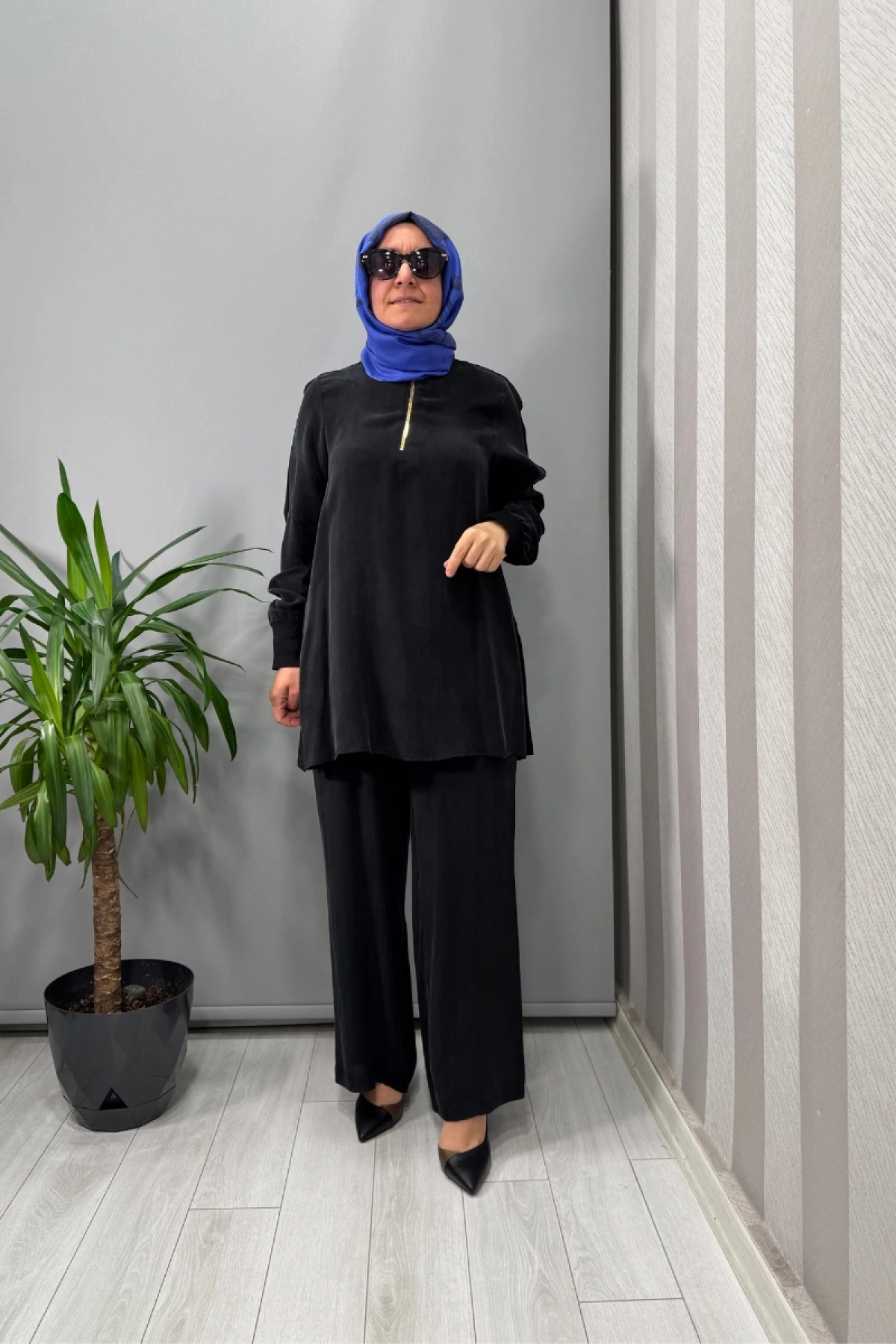 Miss Dalida Beli Lastikli Bol Paça Cupro Pantolon Siyah T25Y-7007