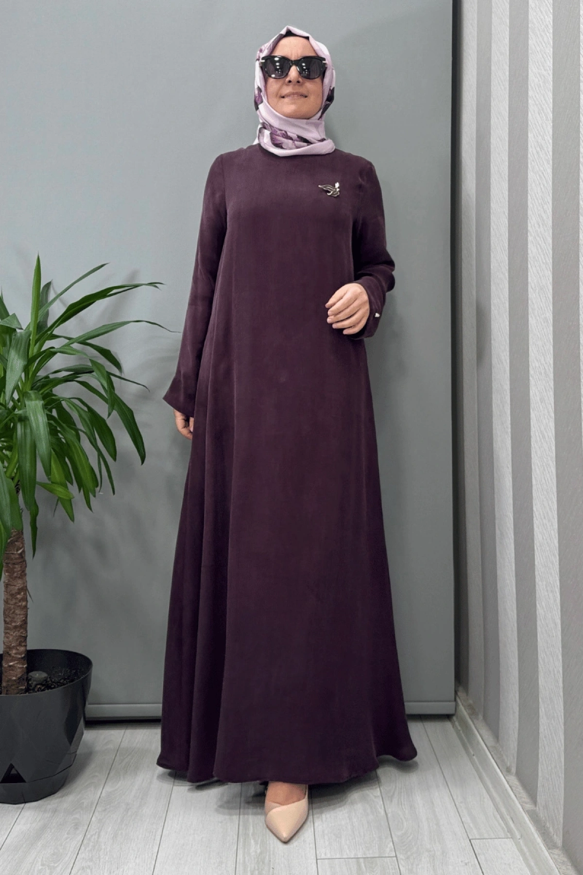 Miss Dalida Broş Detaylı A Kesim Cupro Elbise Bordo T25Y-4042