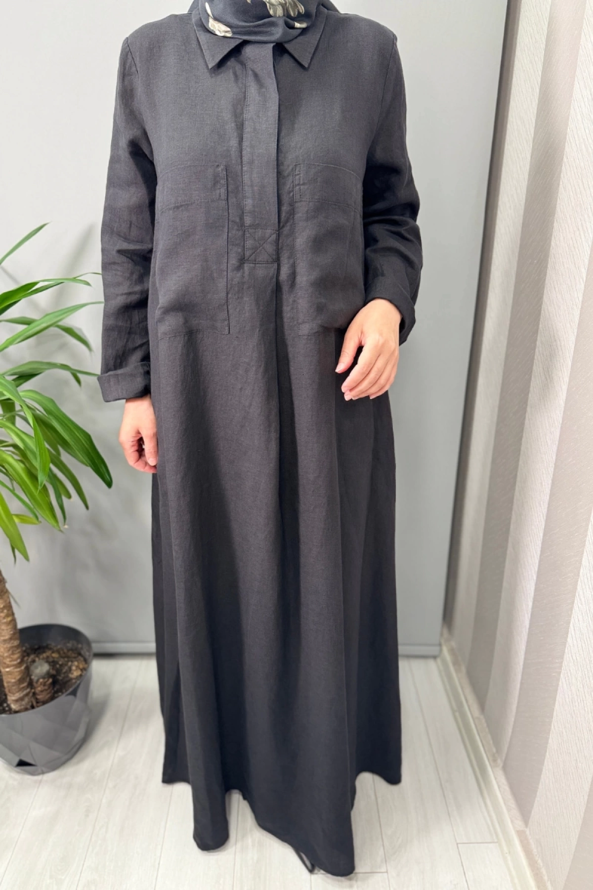 Miss Dalida Cepli Düz Renk Keten Gömlek Elbise Siyah T25Y-4059