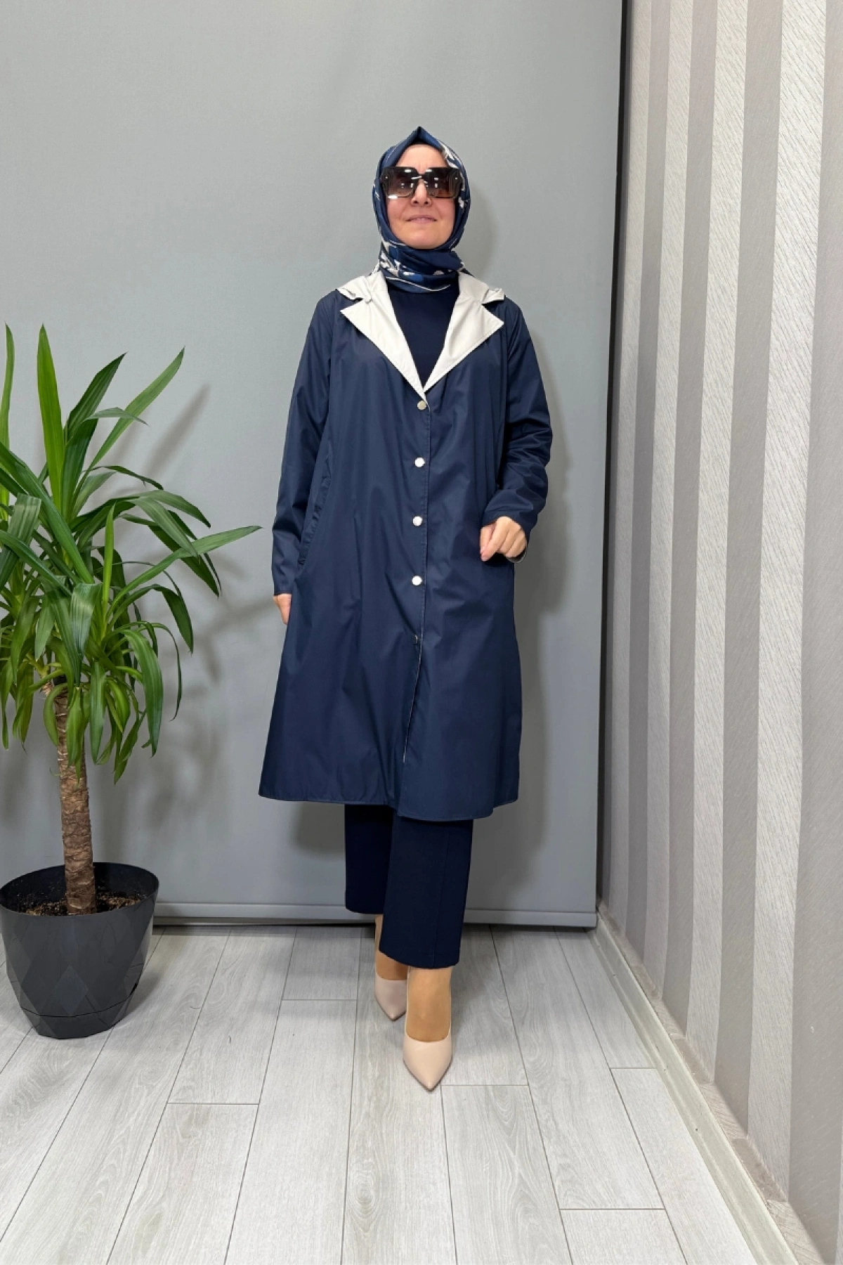 Miss Dalida Çift Taraflı Hafif Yumoş Mont Lacivert-Ekru T25PF-8012