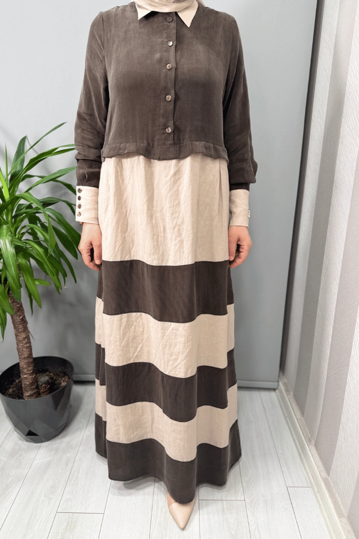 Miss Dalida Cupro Keten İki Renk Elbise Kahve T25Y-4107