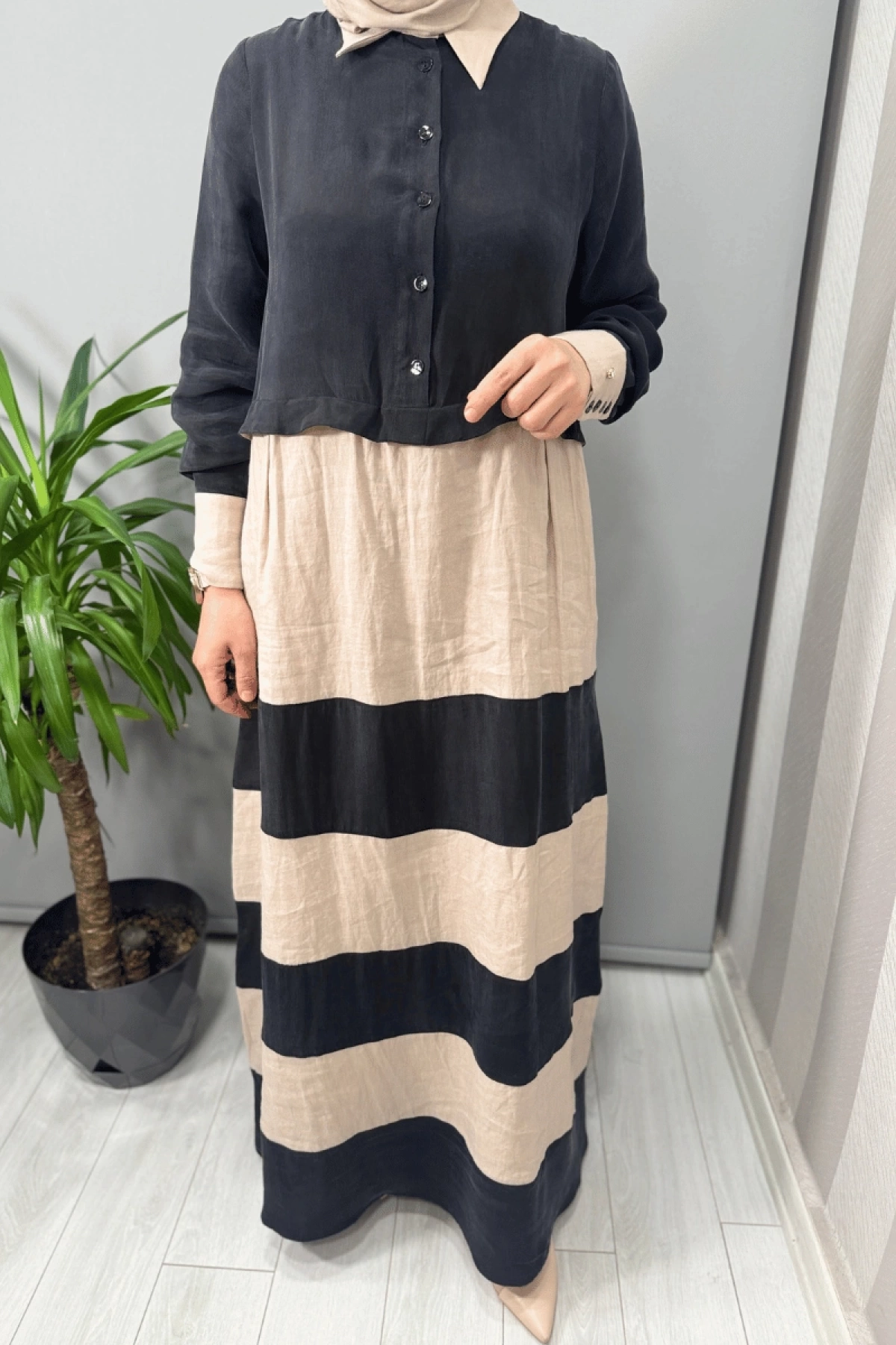 Miss Dalida Cupro Keten İki Renk Elbise Siyah T25Y-4107