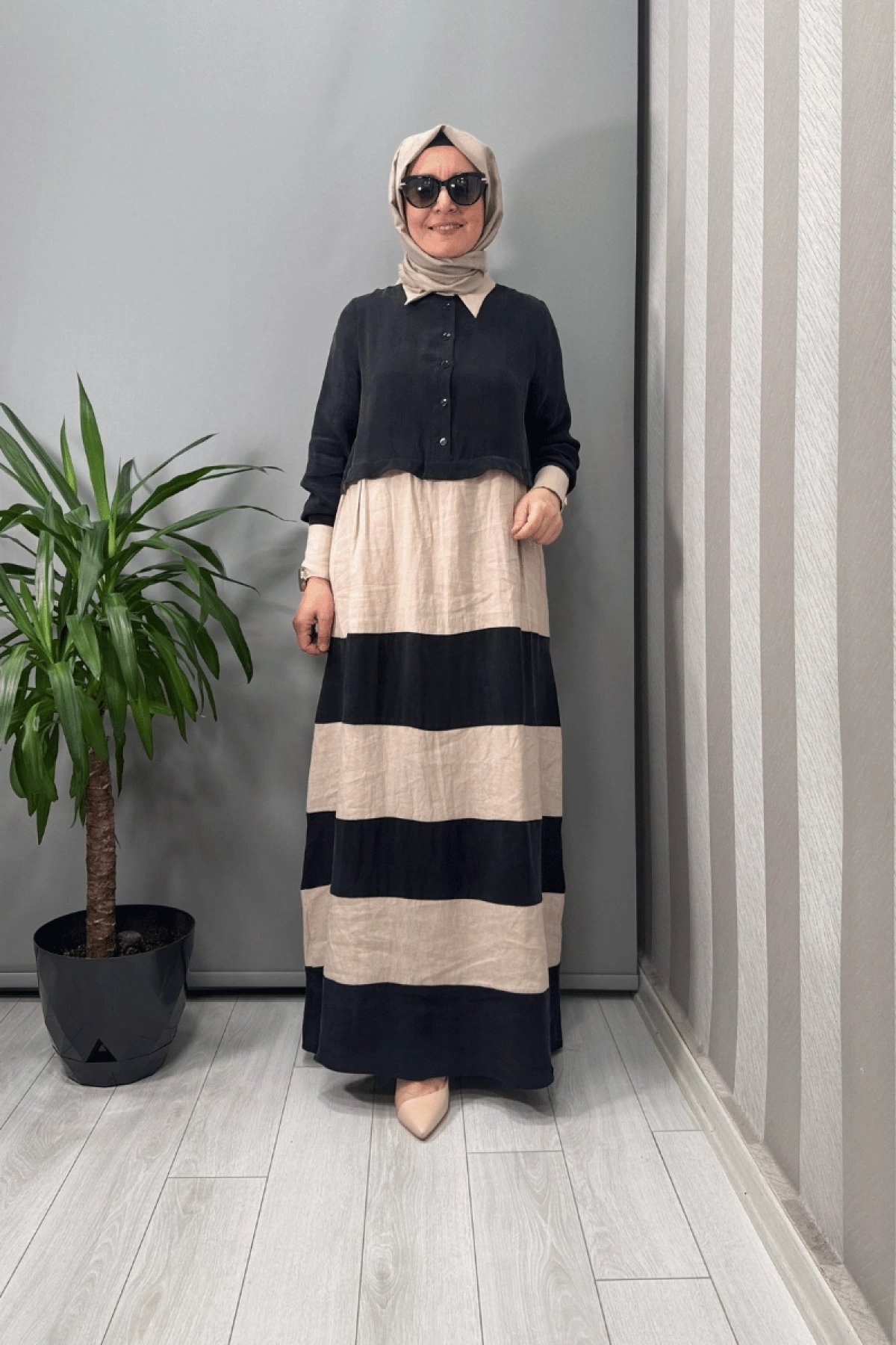 Miss Dalida Cupro Keten İki Renk Elbise Siyah T25Y-4107