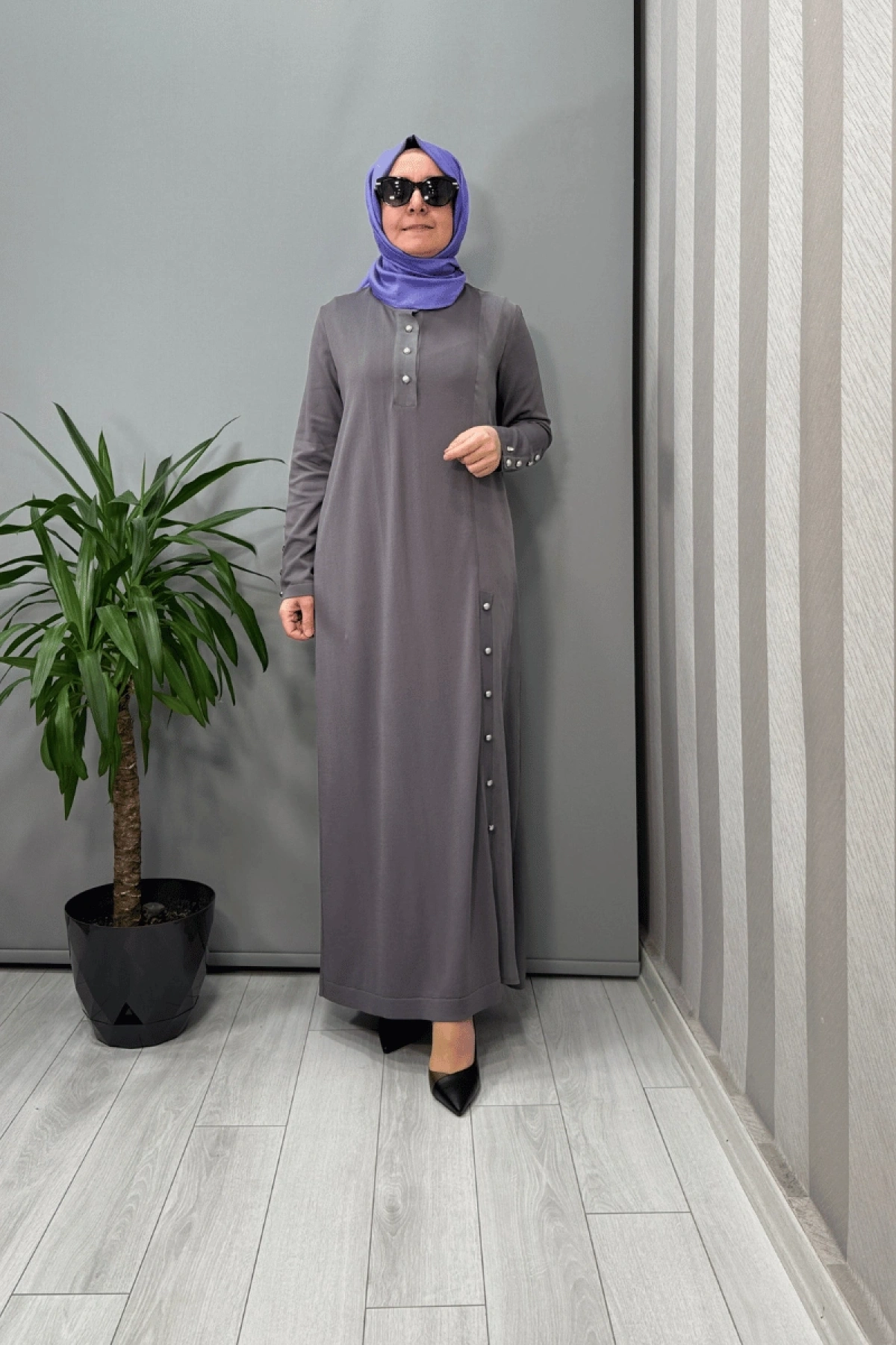 Miss Dalida Dik Yaka Düğme Detaylı Elbise Antrasit T25Y-4023