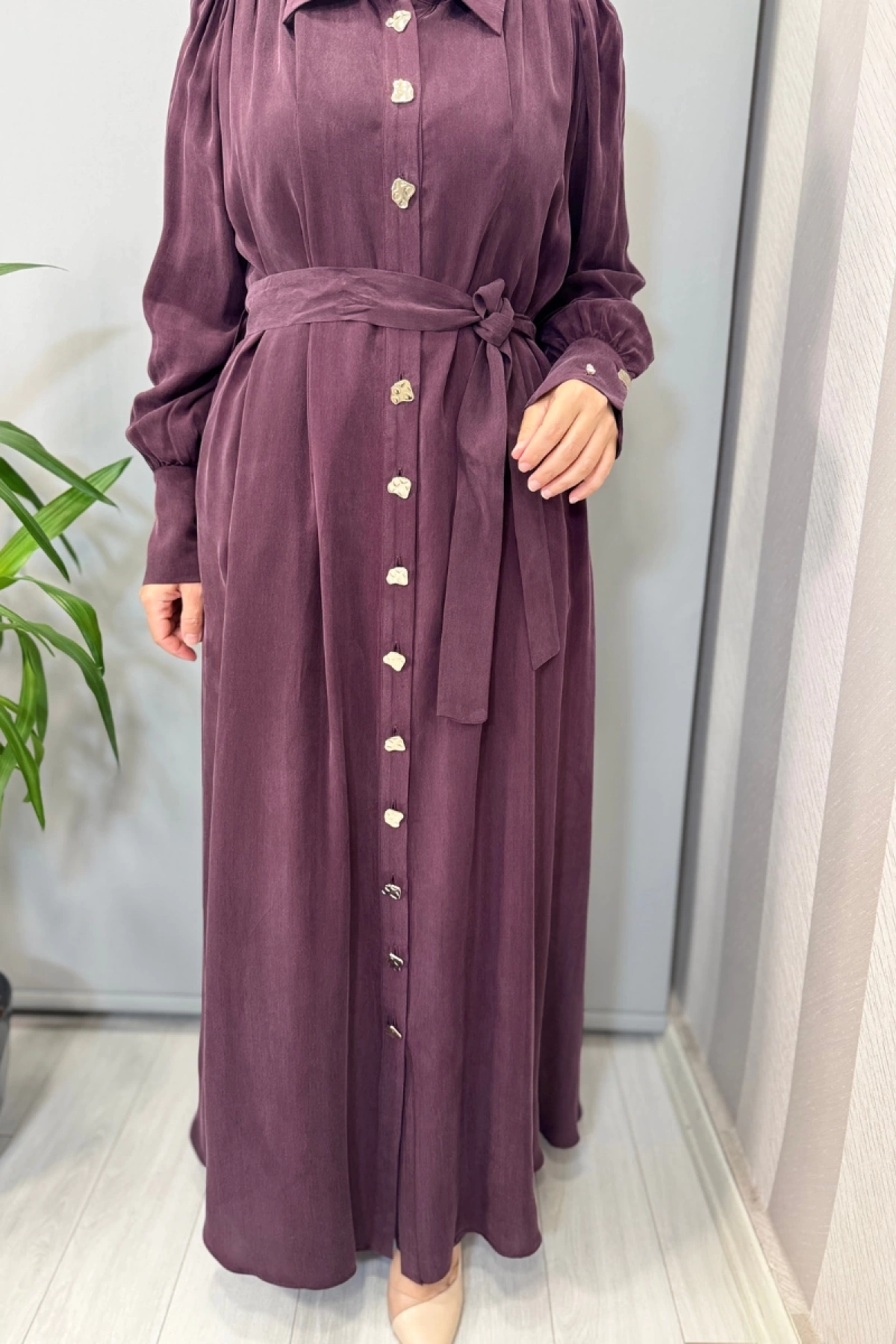 Miss Dalida Düğme Detaylı Kuşaklı Gömlek Yaka Elbise Bordo T25Y-4020