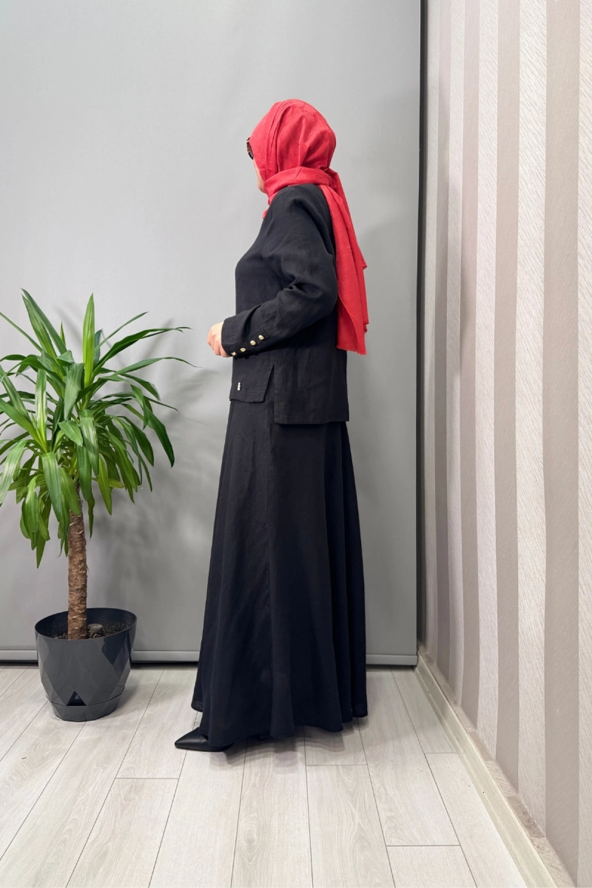 Miss Dalida Düz Renk Keten Kısa Ceket Siyah T25Y-8048