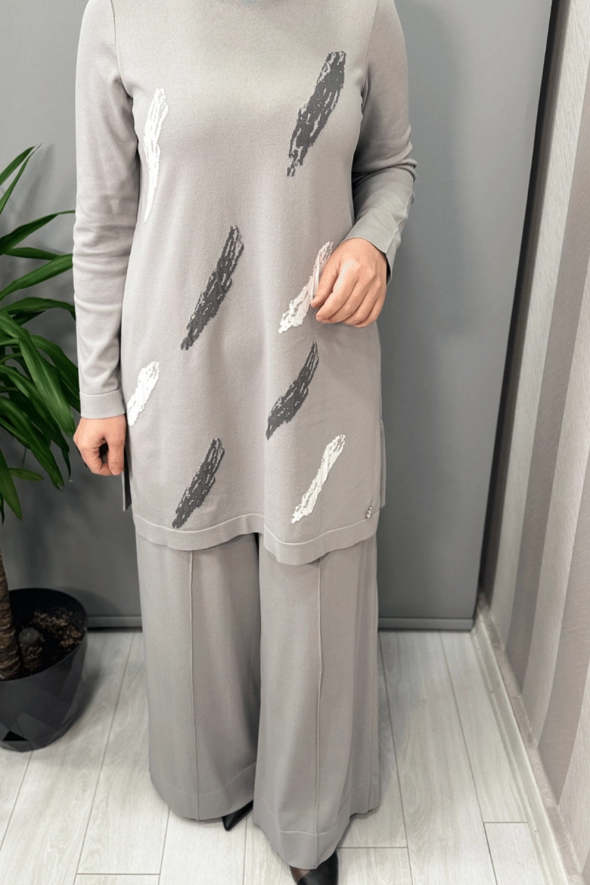 Miss Dalida Fırça Desenli Triko Tunik Gri T25Y-6018