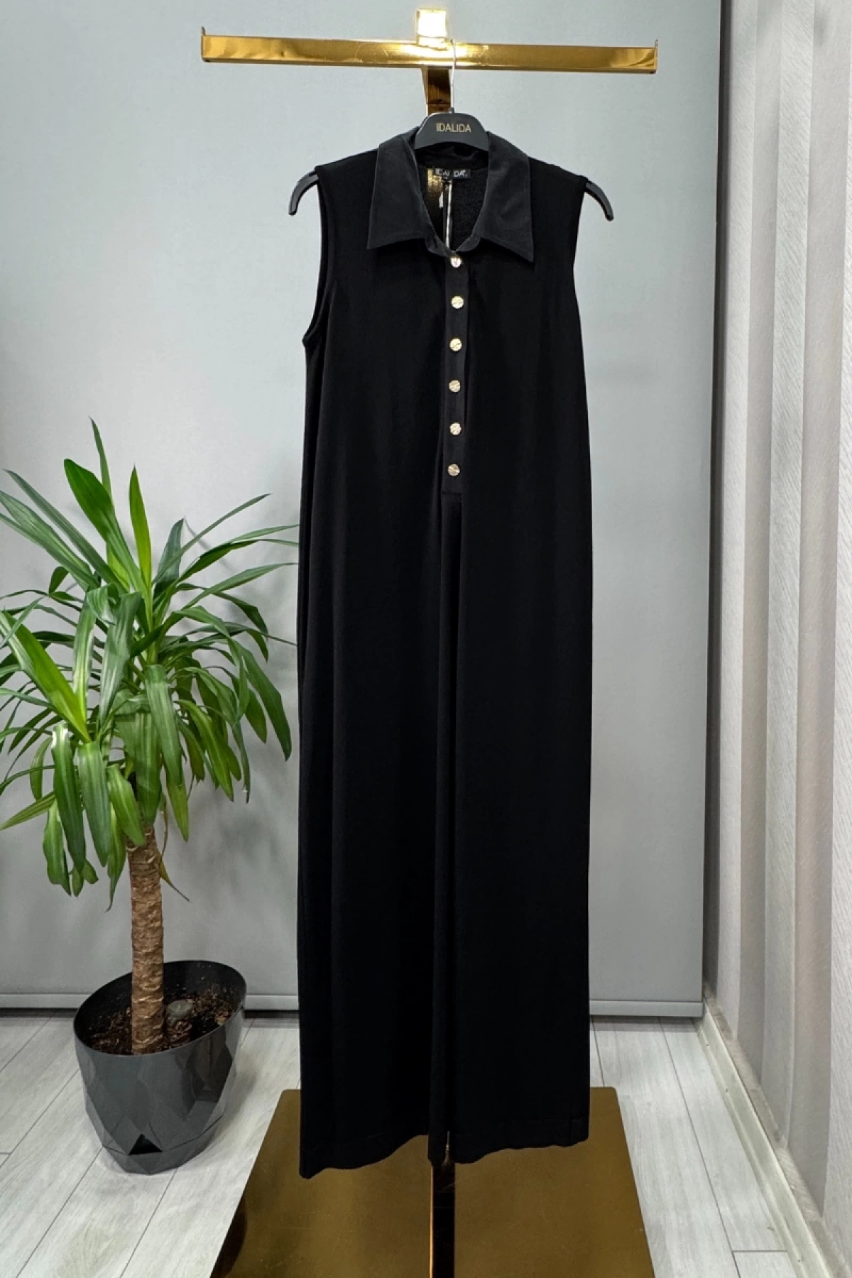 Miss Dalida Gömlek Yaka Düğmeli Kolsuz Elbise Siyah T25Y-4029