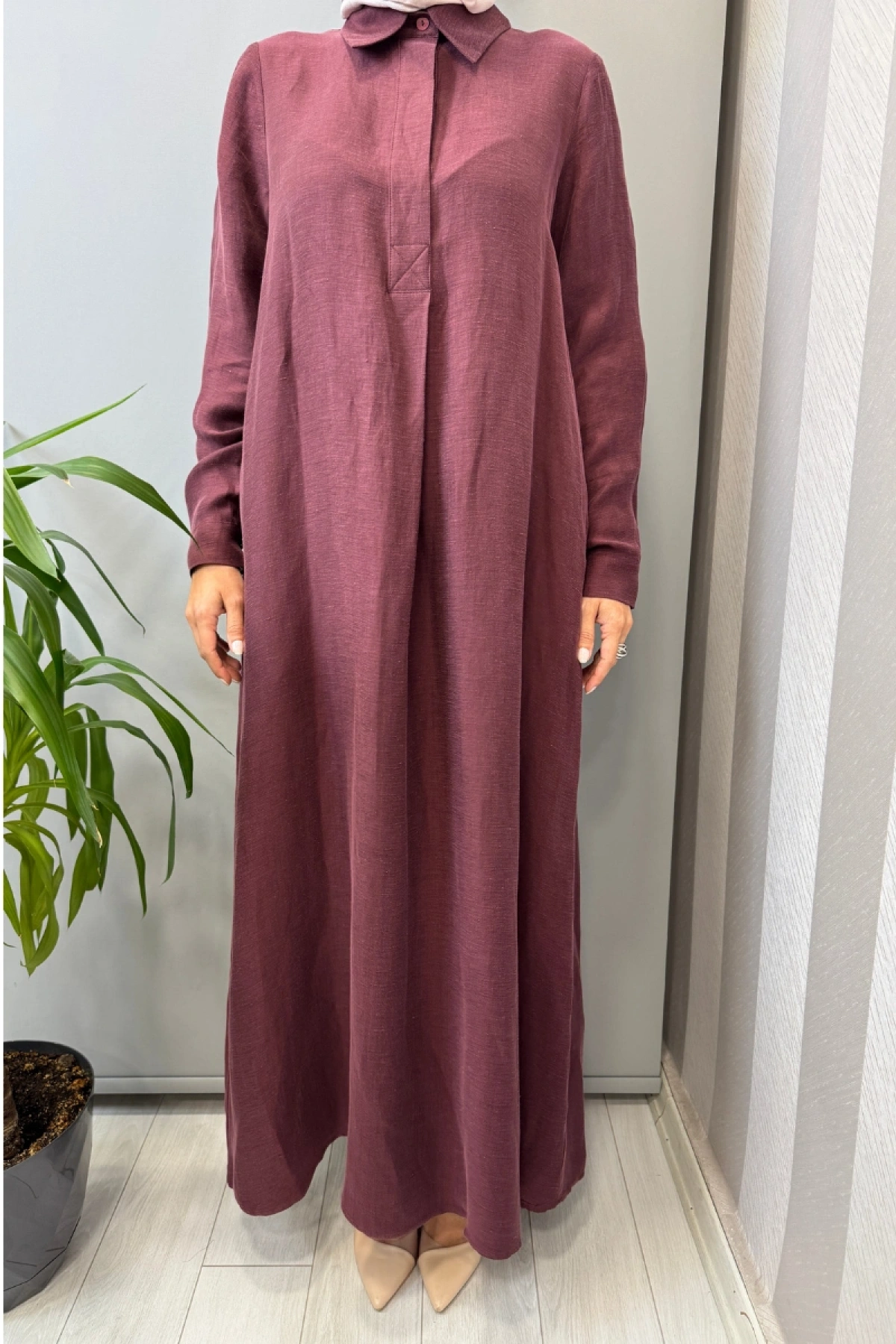Miss Dalida Gömlek Yaka İpek Keten Uzun Elbise Bordo 2264351