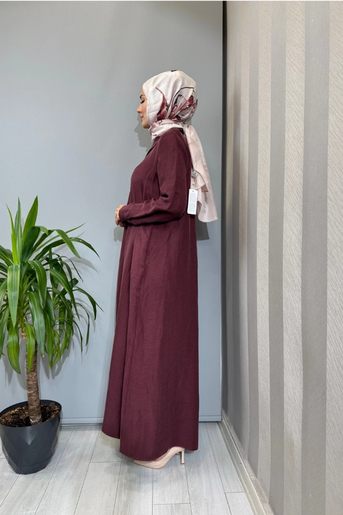 Miss Dalida Gömlek Yaka İpek Keten Uzun Elbise Bordo 2264351