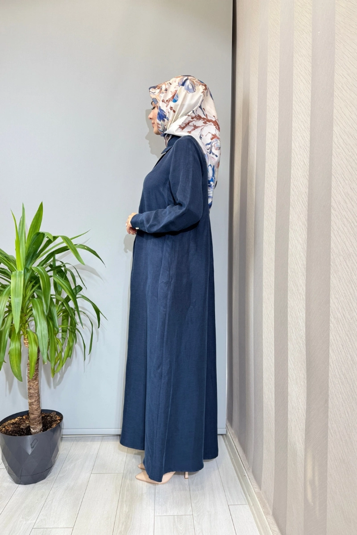 Miss Dalida Gömlek Yaka İpek Keten Uzun Elbise Lacivert 2264351
