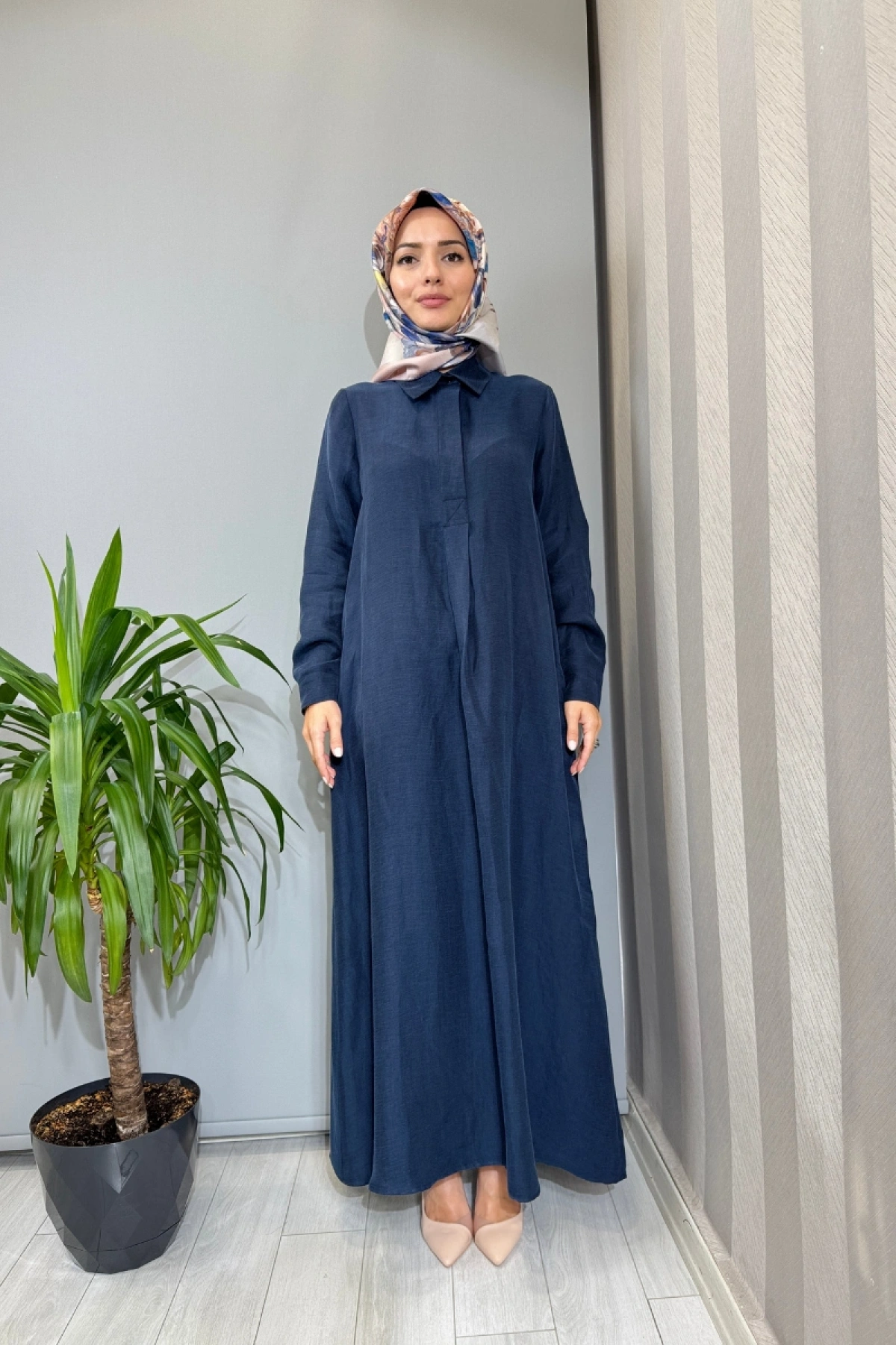 Miss Dalida Gömlek Yaka İpek Keten Uzun Elbise Lacivert 2264351