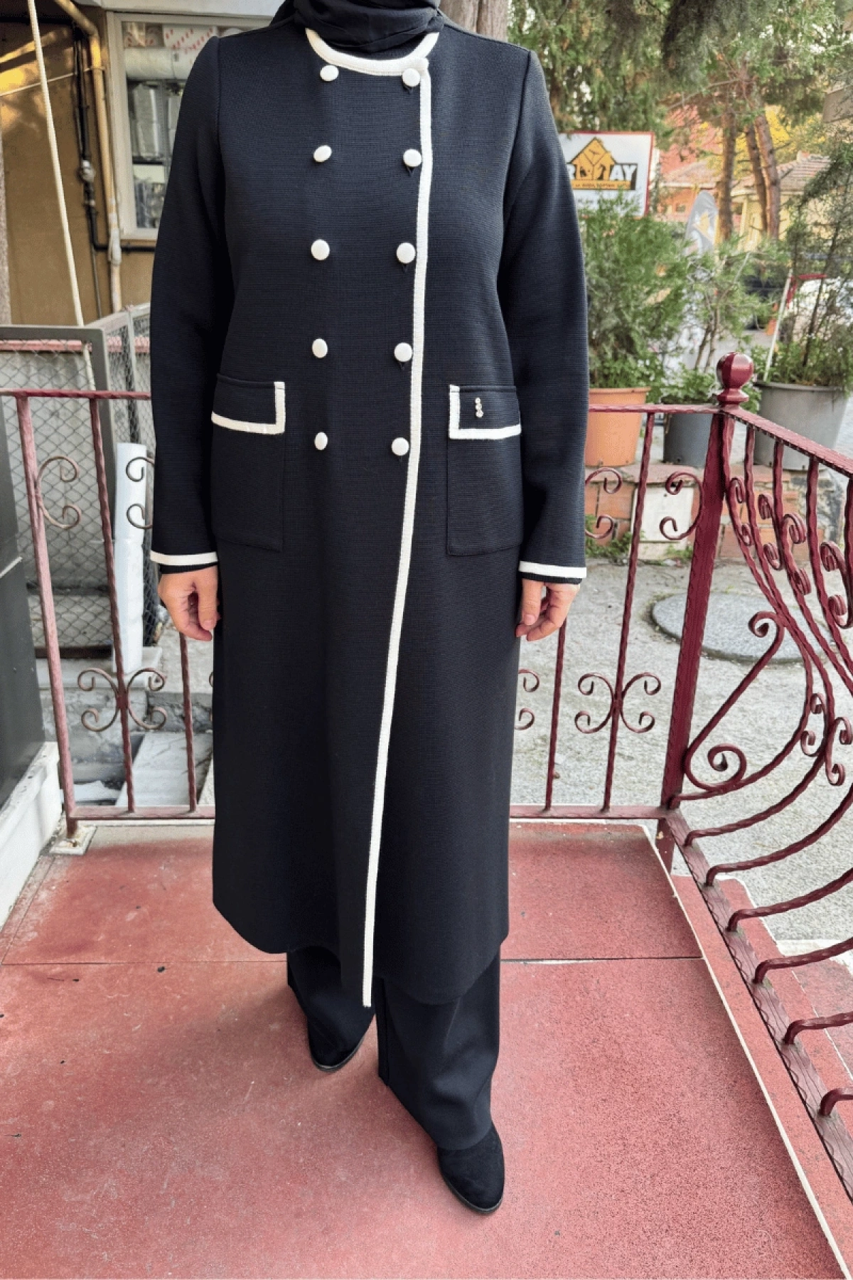 Miss Dalida İki Cepli Renk Şeritli Uzun Hırka Siyah T25K-9004