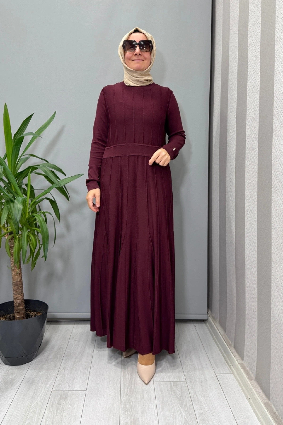 Miss Dalida Örgü Teknikli Triko Elbise Bordo T25PF-4001