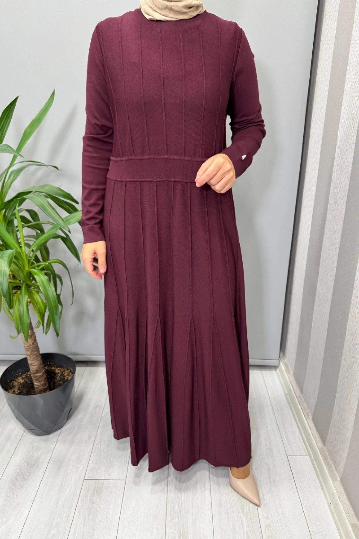 Miss Dalida Örgü Teknikli Triko Elbise Bordo T25PF-4001