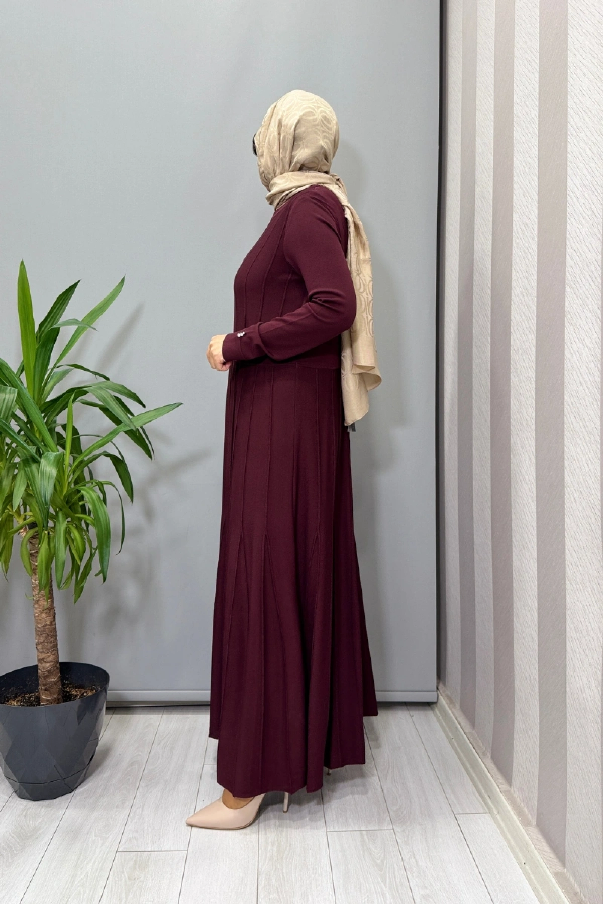 Miss Dalida Örgü Teknikli Triko Elbise Bordo T25PF-4001