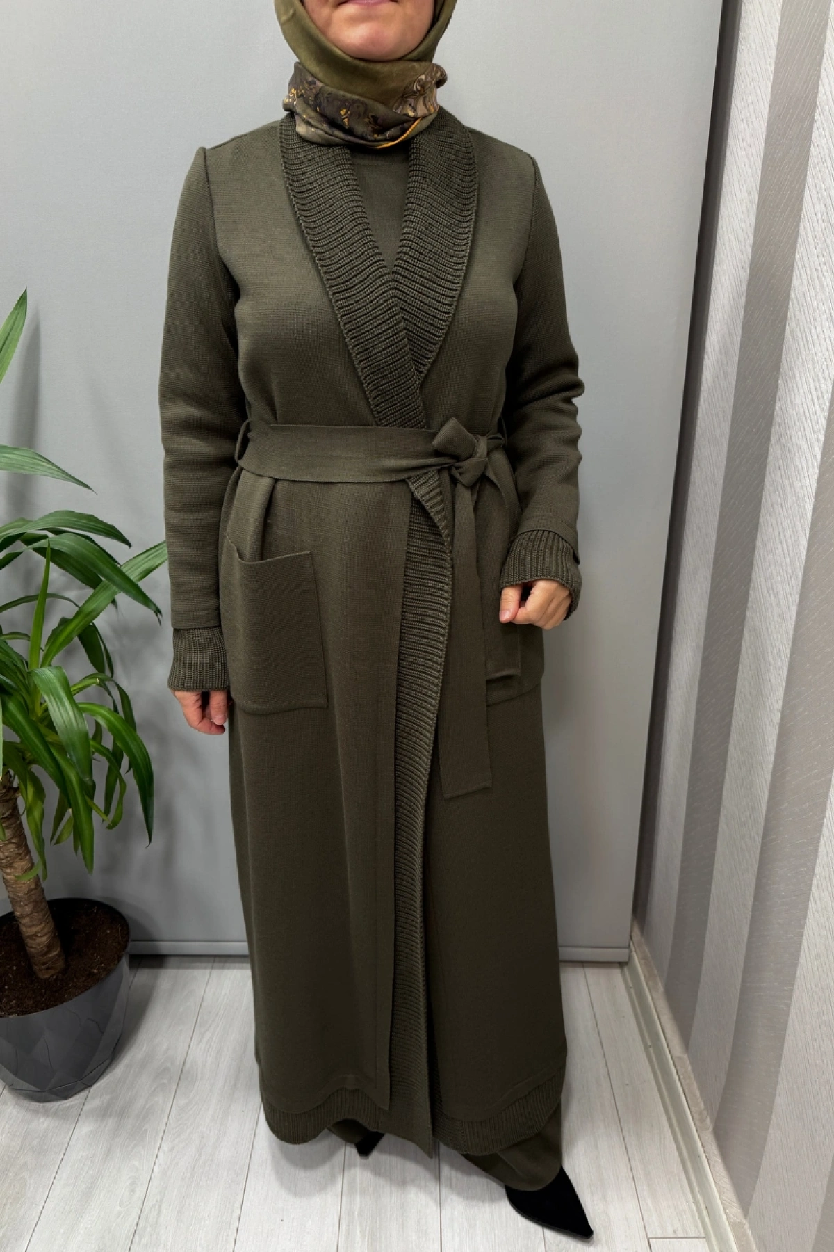 Miss Dalida Selanik Örgü Detaylı Düz Renk Hırka Haki T26K-9006