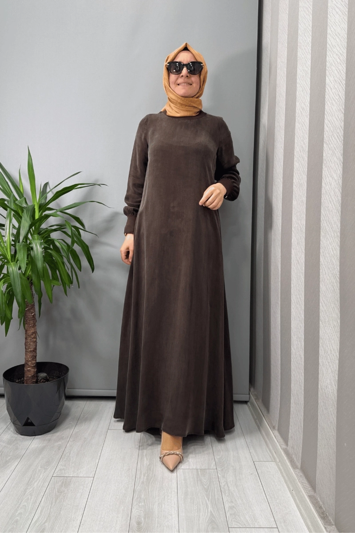 Miss Dalida Triko Biyeli Düz Renk Cupro Elbise Kahve T25Y-4108