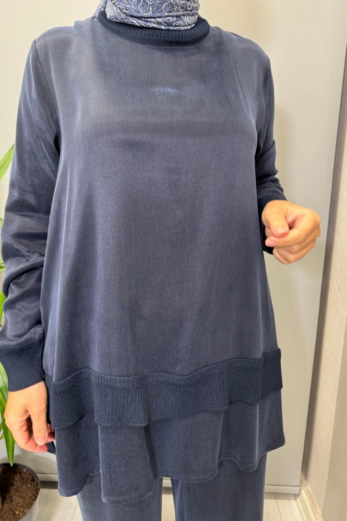 Miss Dalida Triko Detaylı Cupro İpek Tunik Lacivert T26K-6019