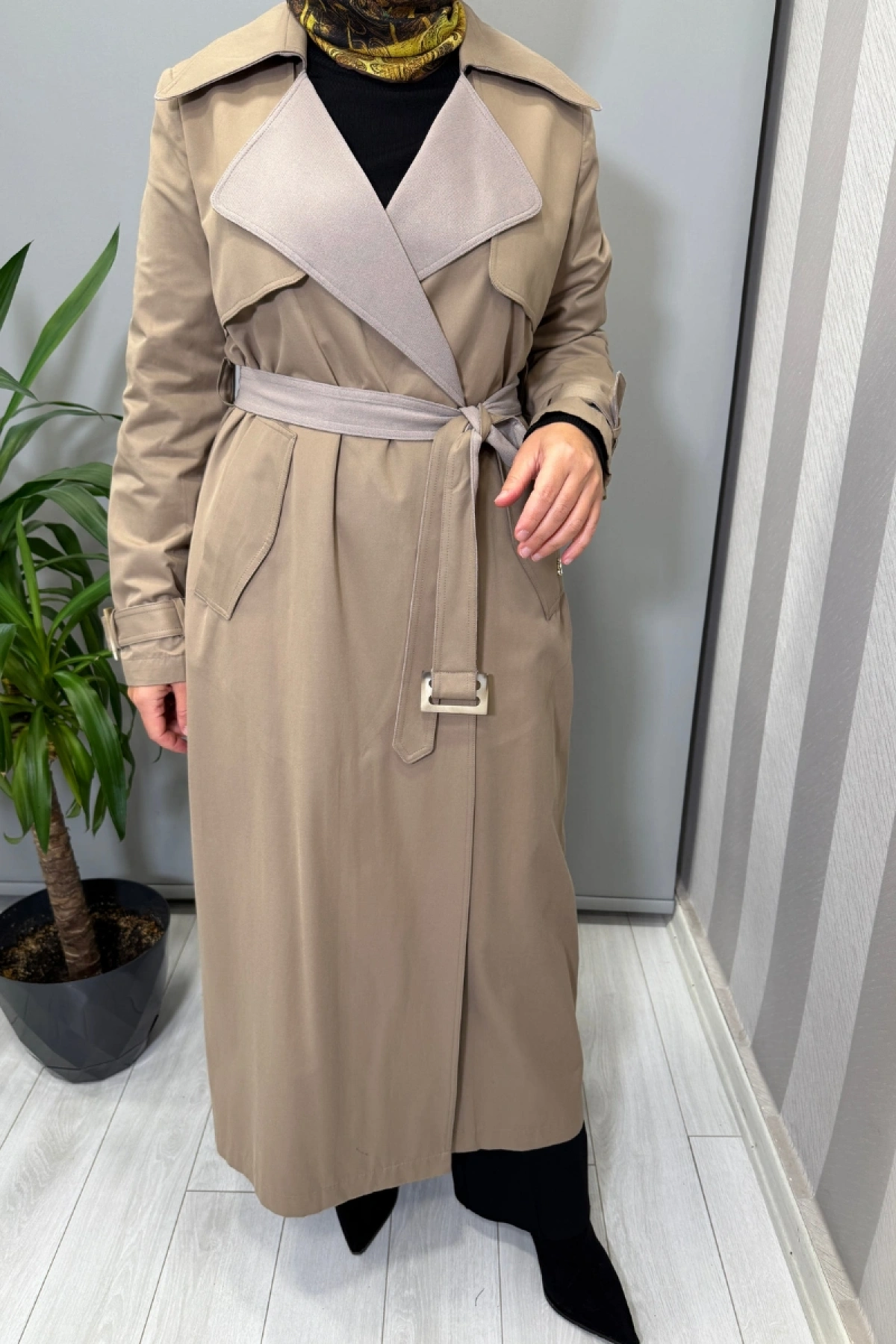 Miss Dalida Triko Detaylı Kumaş Trençkot Mink T25PF-8011