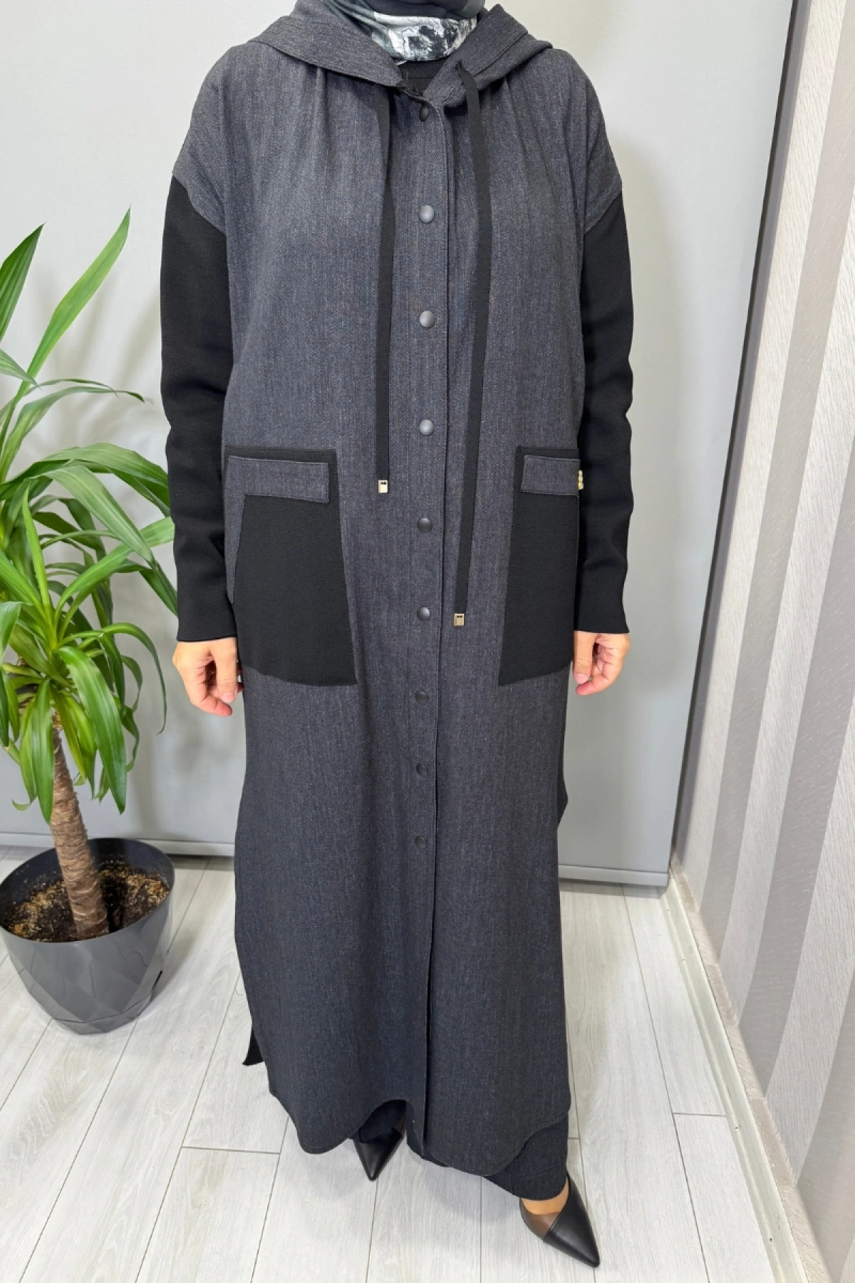 Miss Dalida Triko Detaylı Uzun Denim Kap Siyah T25PF-8010