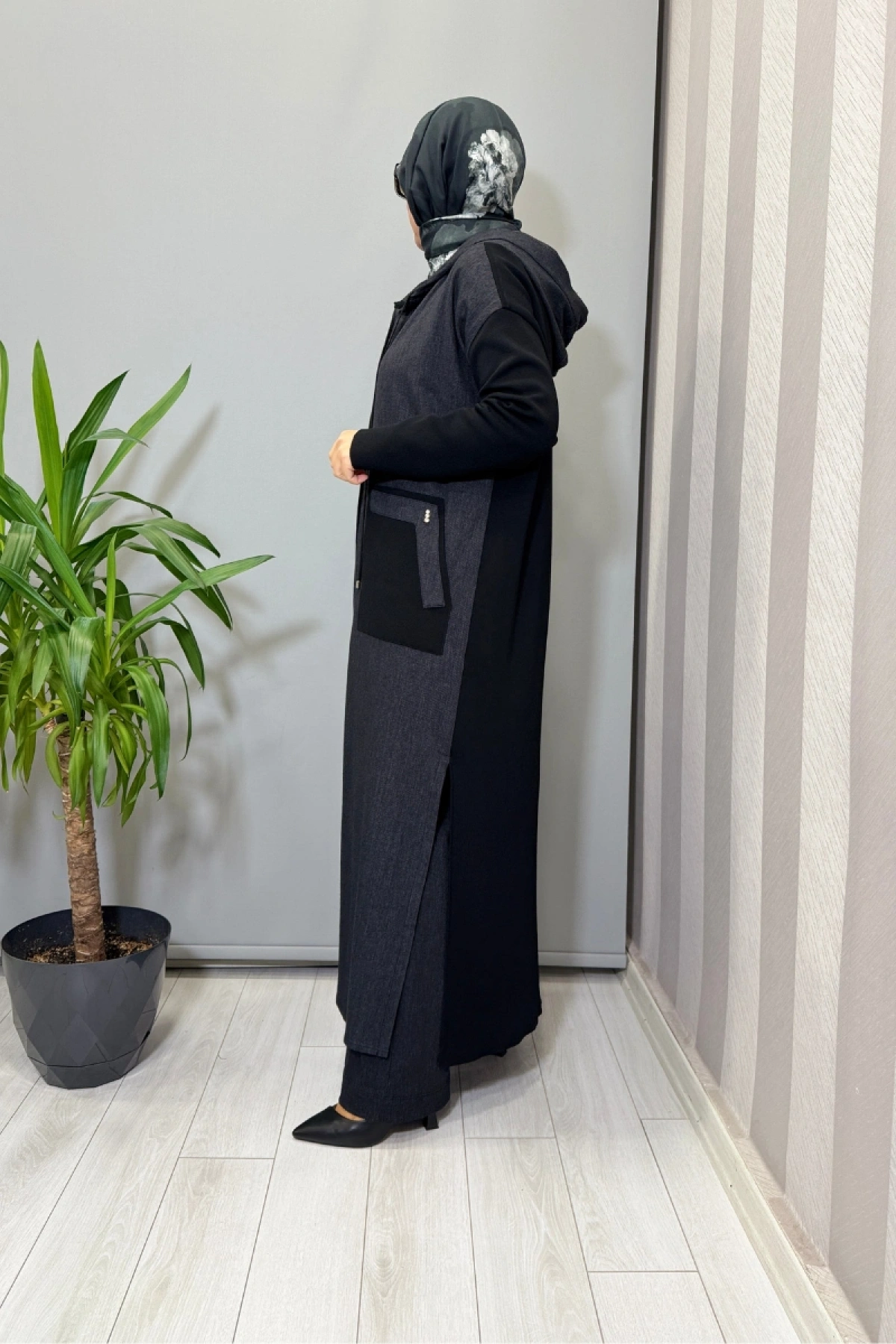 Miss Dalida Triko Detaylı Uzun Denim Kap Siyah T25PF-8010