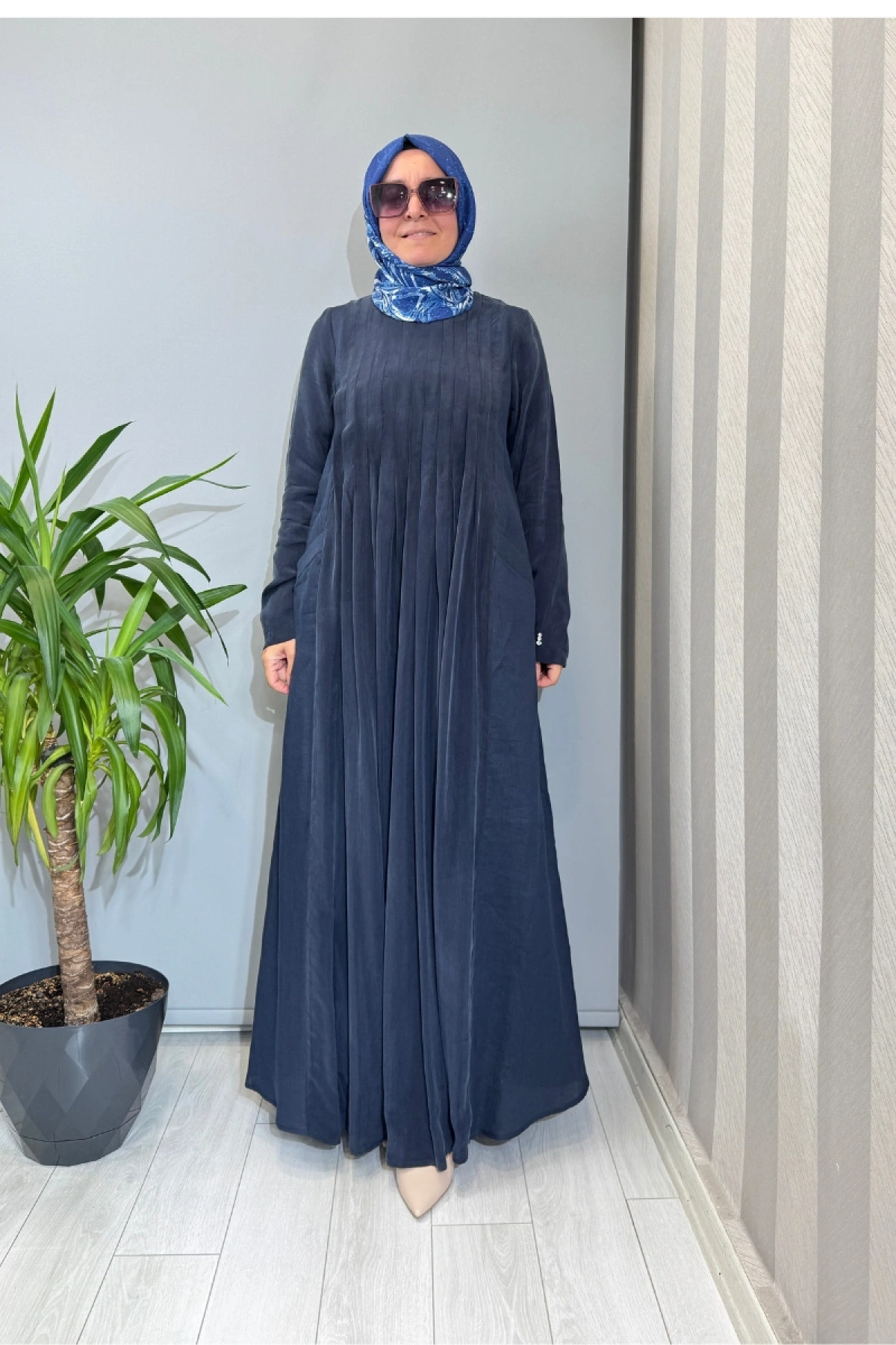 Miss Dalida Uzun Kollu Keten Cupro Elbise Lacivert 2264257