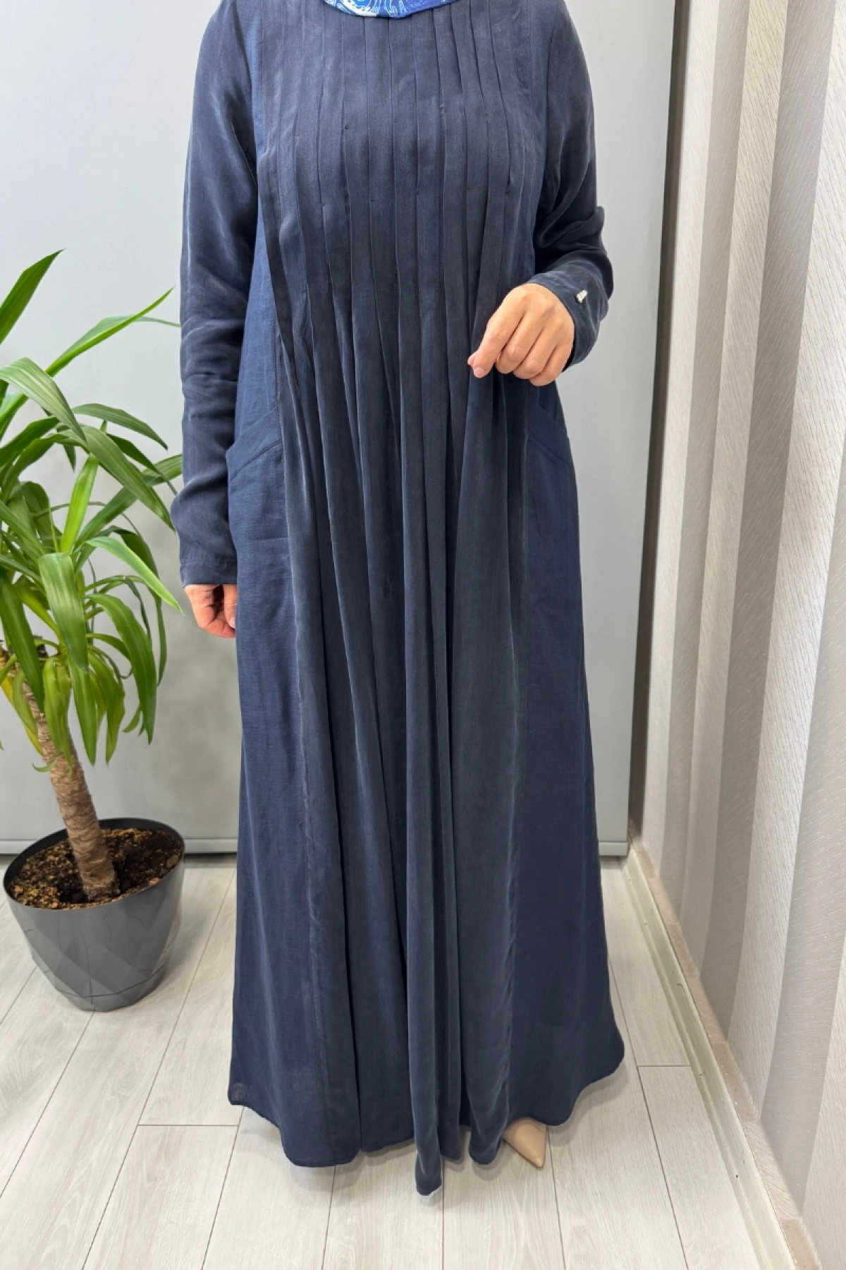 Miss Dalida Uzun Kollu Keten Cupro Elbise Lacivert 2264257