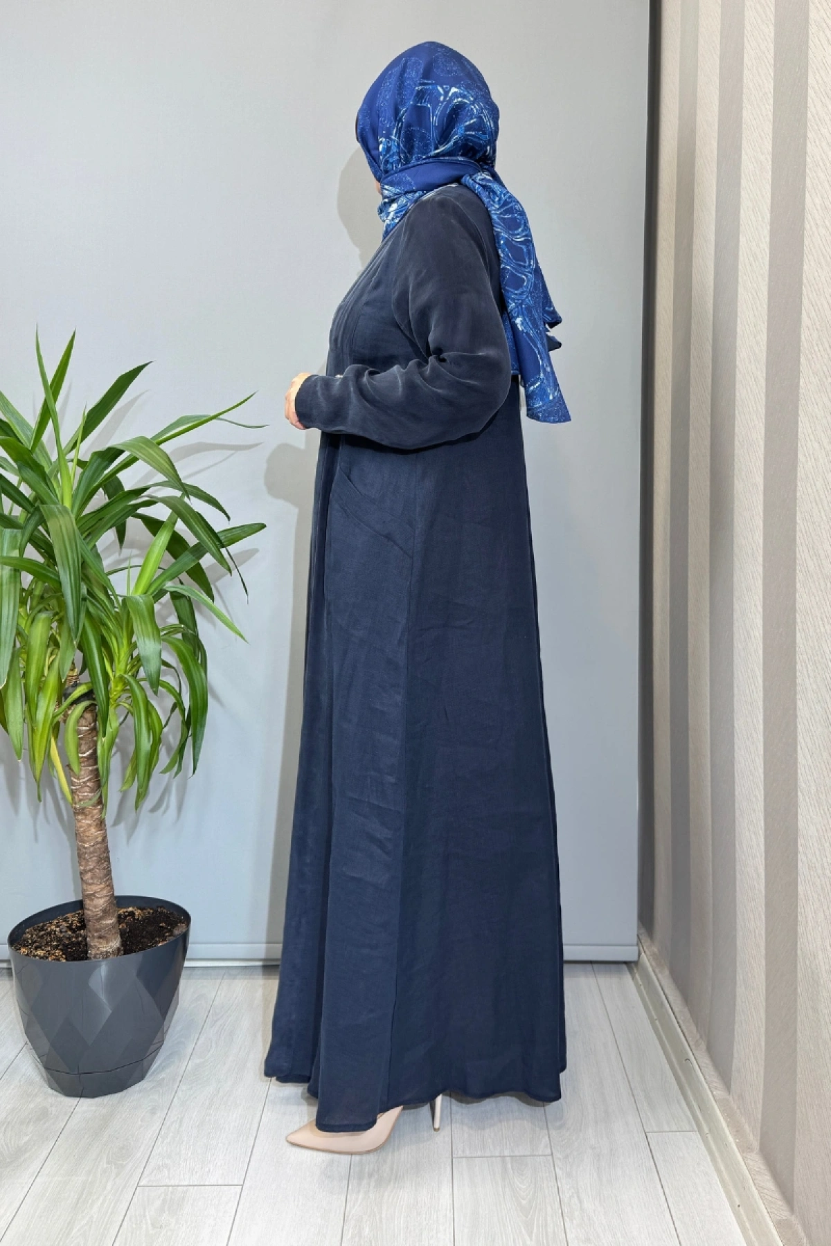 Miss Dalida Uzun Kollu Keten Cupro Elbise Lacivert 2264257
