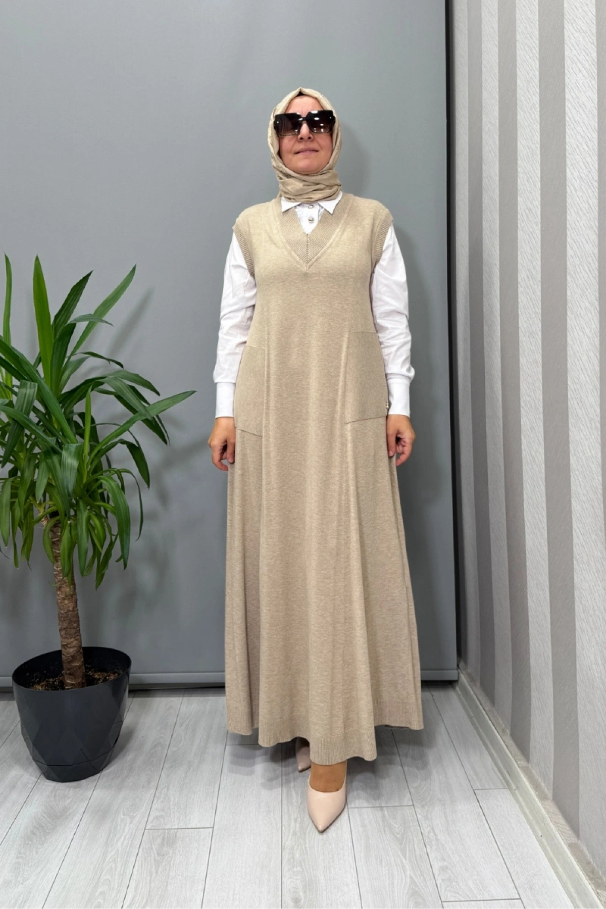 Miss Dalida V Yaka Triko Kolsuz Elbise Vizon T25PF-4012