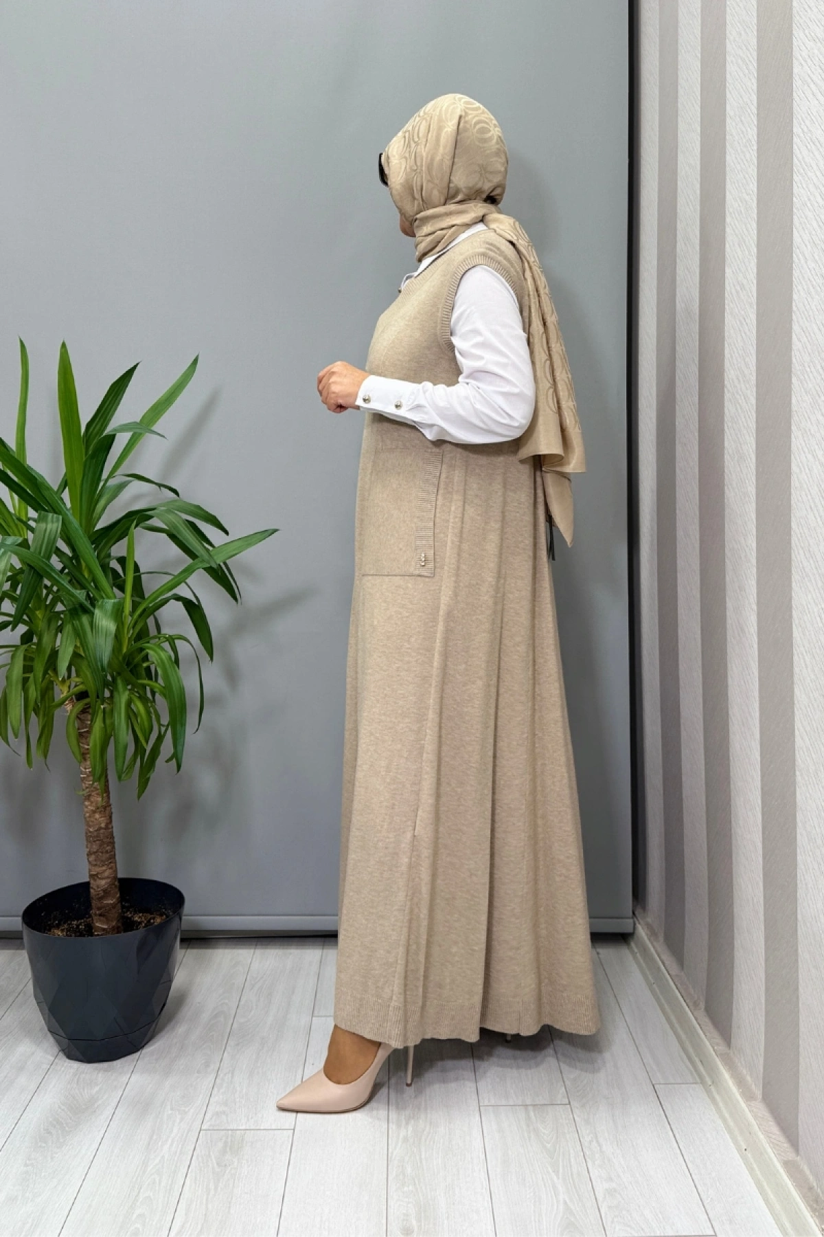 Miss Dalida V Yaka Triko Kolsuz Elbise Vizon T25PF-4012