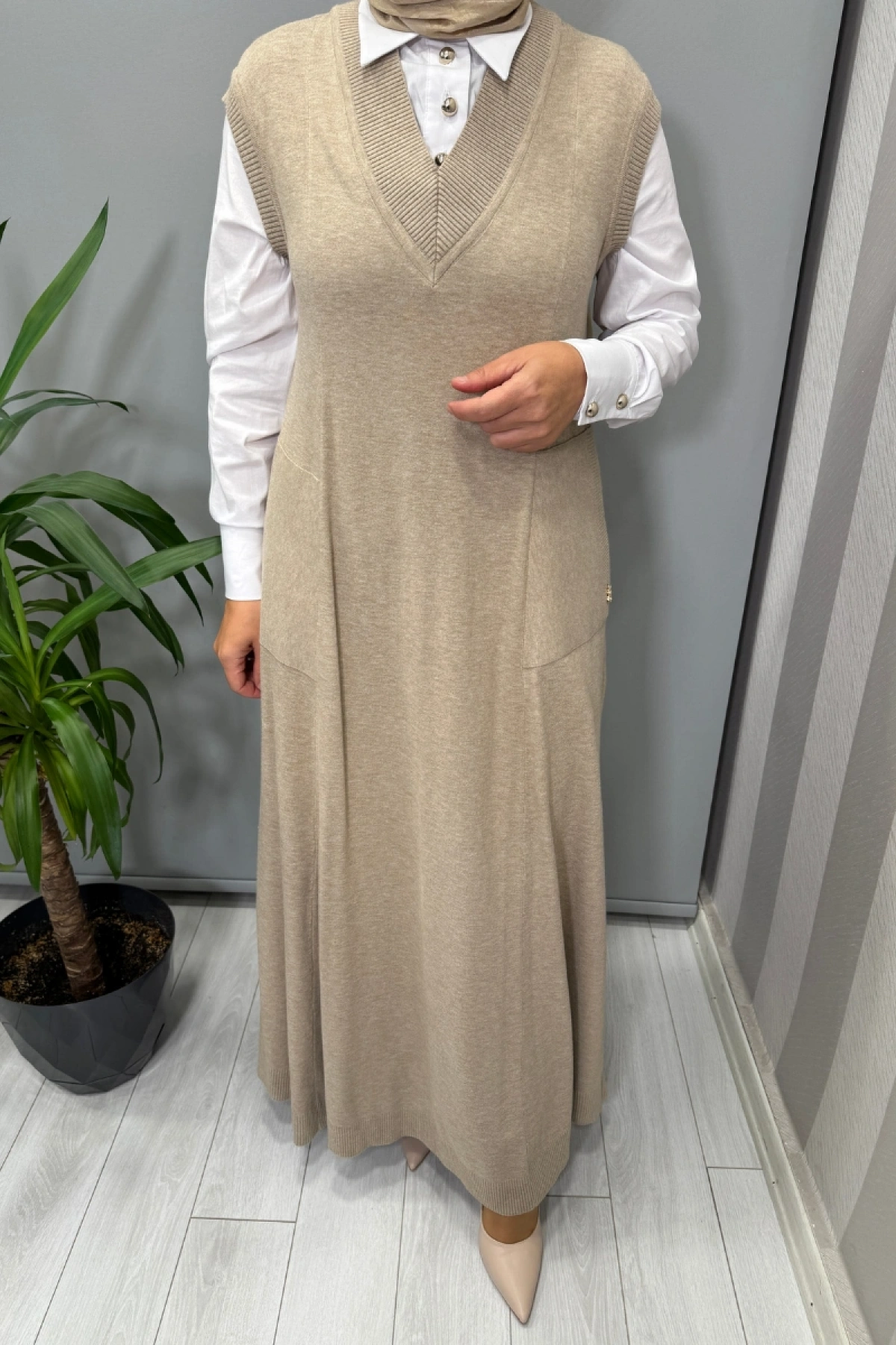 Miss Dalida V Yaka Triko Kolsuz Elbise Vizon T25PF-4012