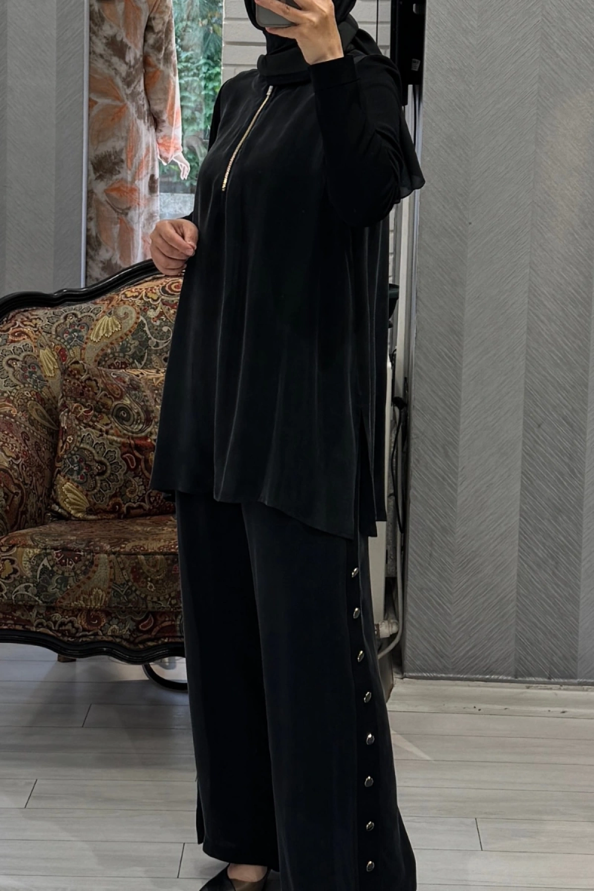 Miss Dalida Yanları Düğmeli Bol Paça Cupro Pantolon Siyah T25Y-7008