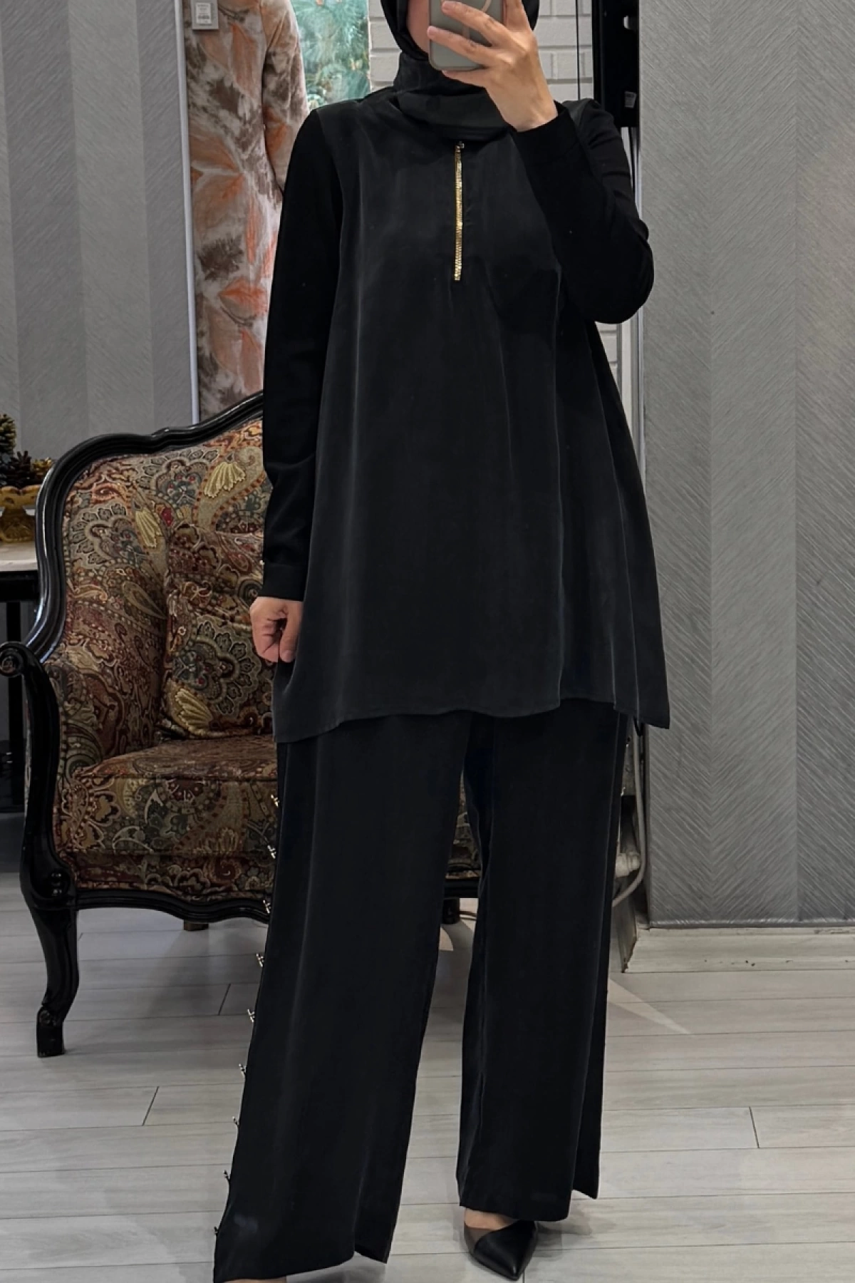 Miss Dalida Yanları Düğmeli Bol Paça Cupro Pantolon Siyah T25Y-7008