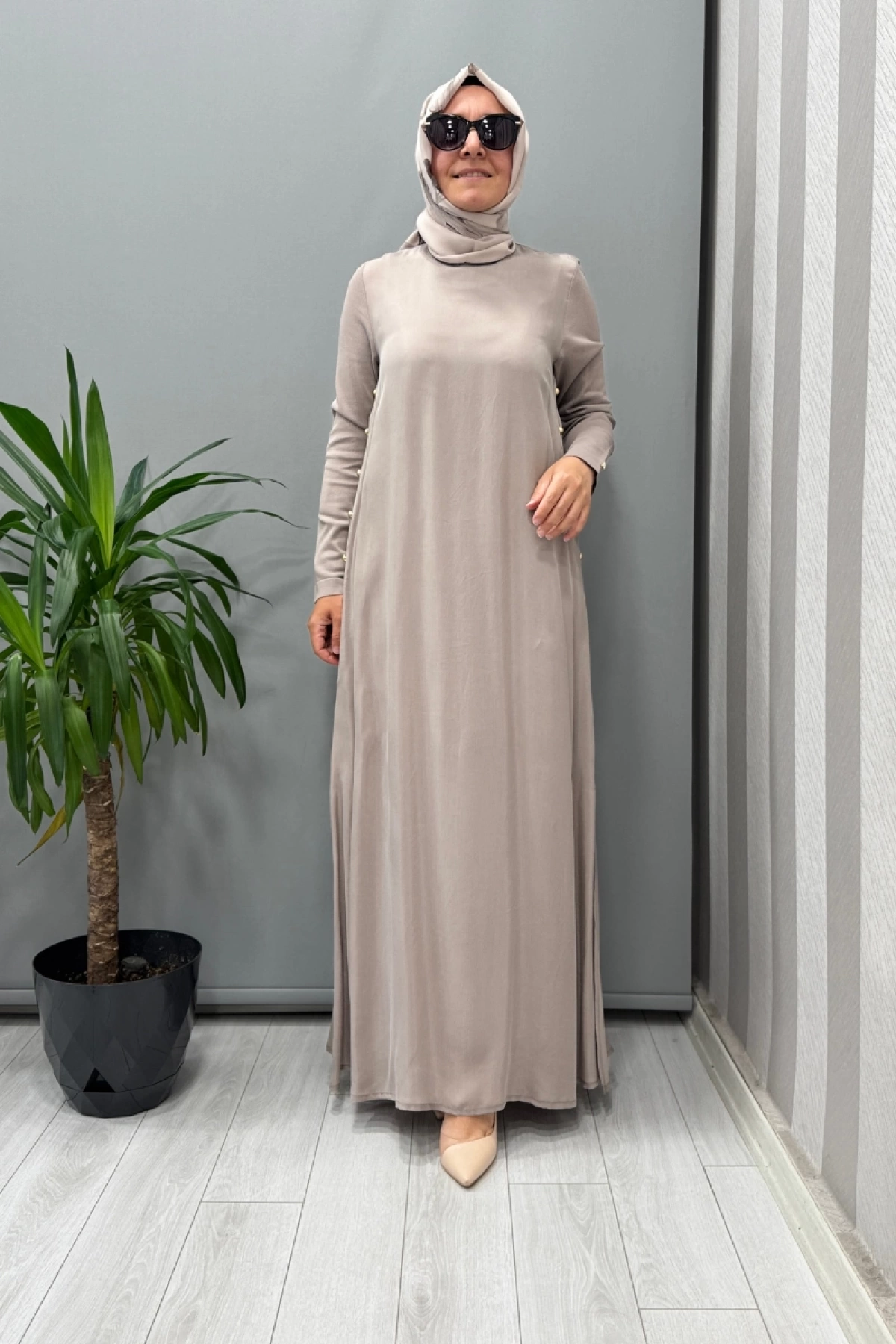 Miss Dalida Yanları Düğmeli Cupro Elbise Mink T25Y-4052