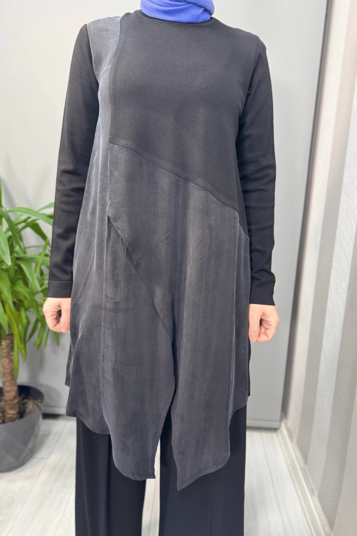 MissDalida Kruvaze Kesim Cupro Triko Tunik Siyah T25Y-6022
